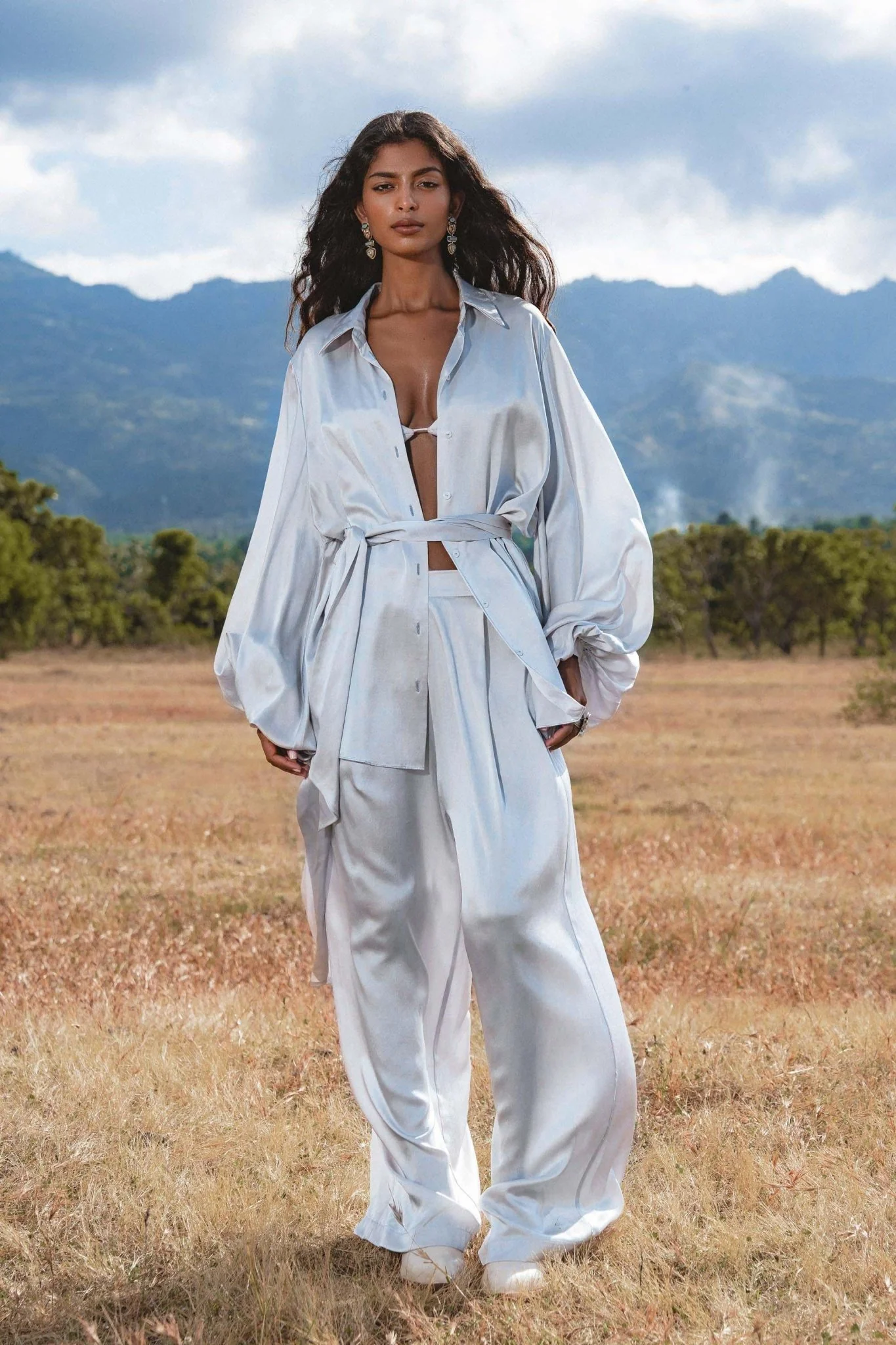 Apsara Mist  Light Blue Silk Kimono Blouse Balloon Sleeves Organic Boho Robe Jacket Top - Image 8
