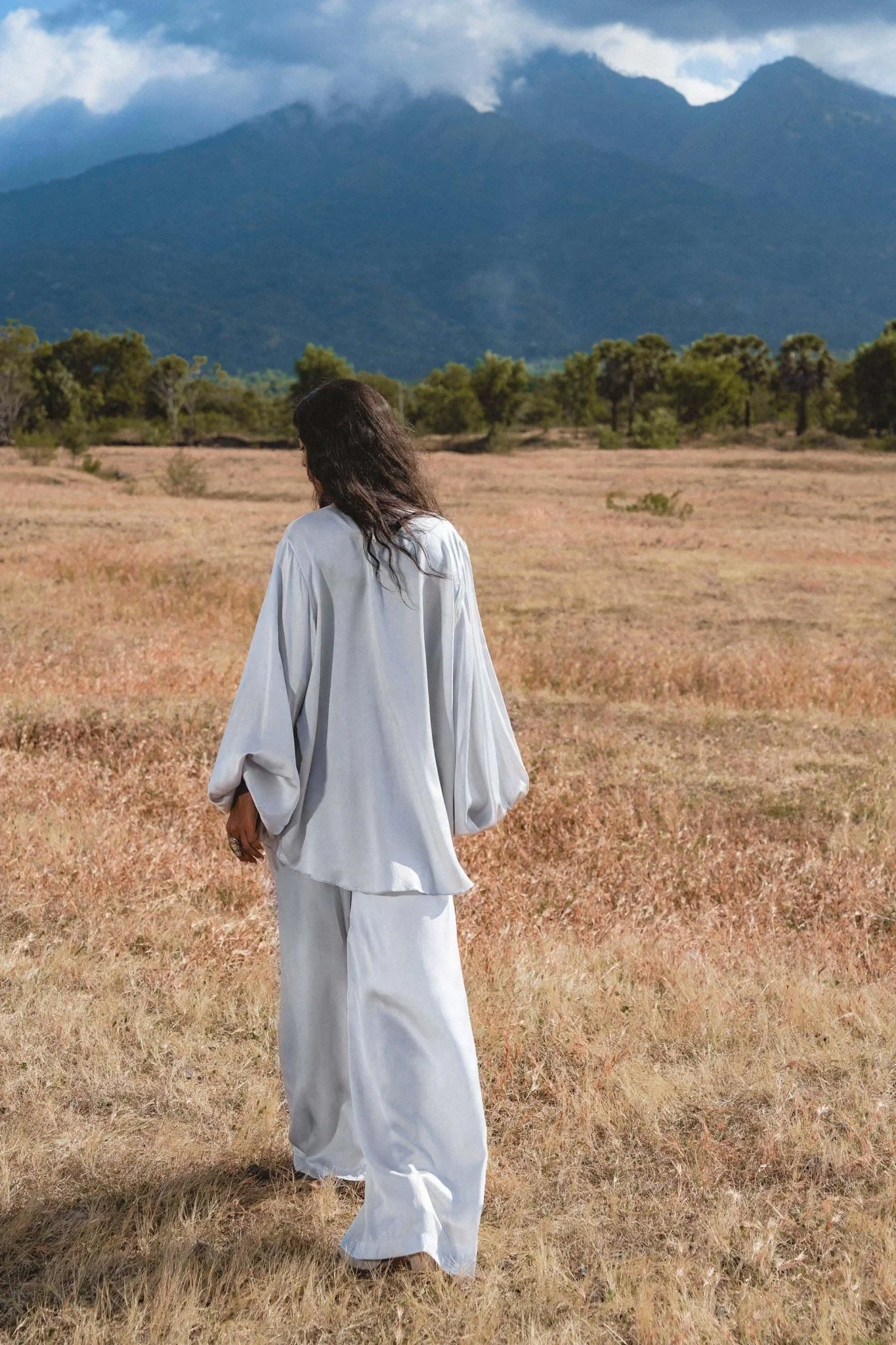 Apsara Silk Pants Mist Blue, Pure Flowy Trousers, Organic Lounge Pants • Resort Wear - Image 11