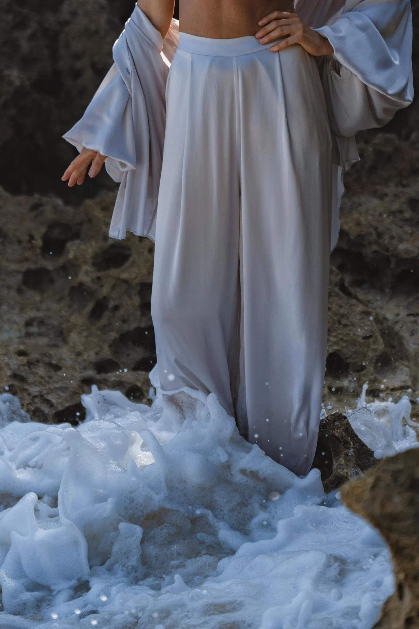Apsara Silk Pants Mist Blue, Pure Flowy Trousers, Organic Lounge Pants • Resort Wear - Image 3