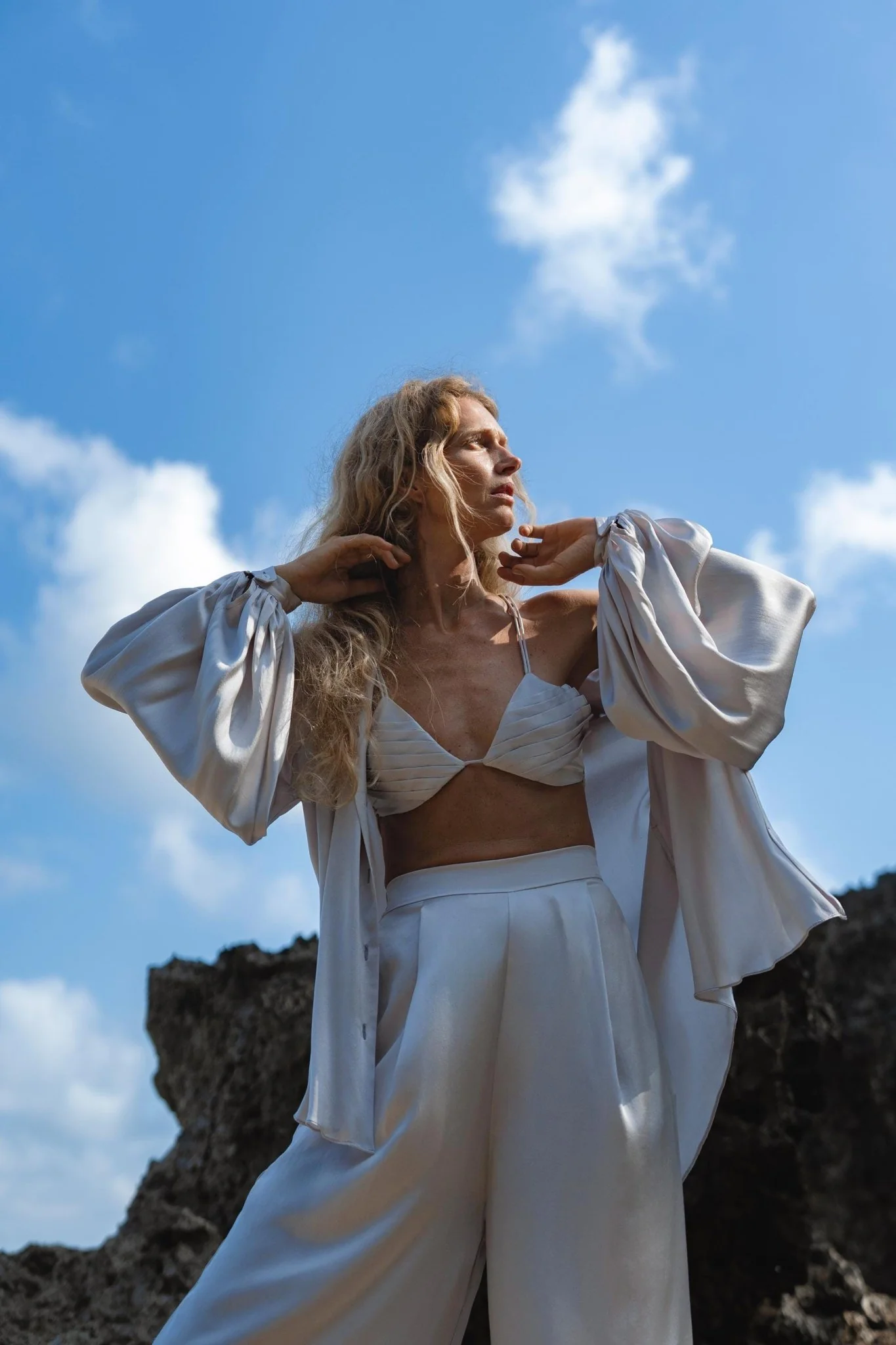 Apsara Silk Pants Mist Blue, Pure Flowy Trousers, Organic Lounge Pants • Resort Wear - Image 5
