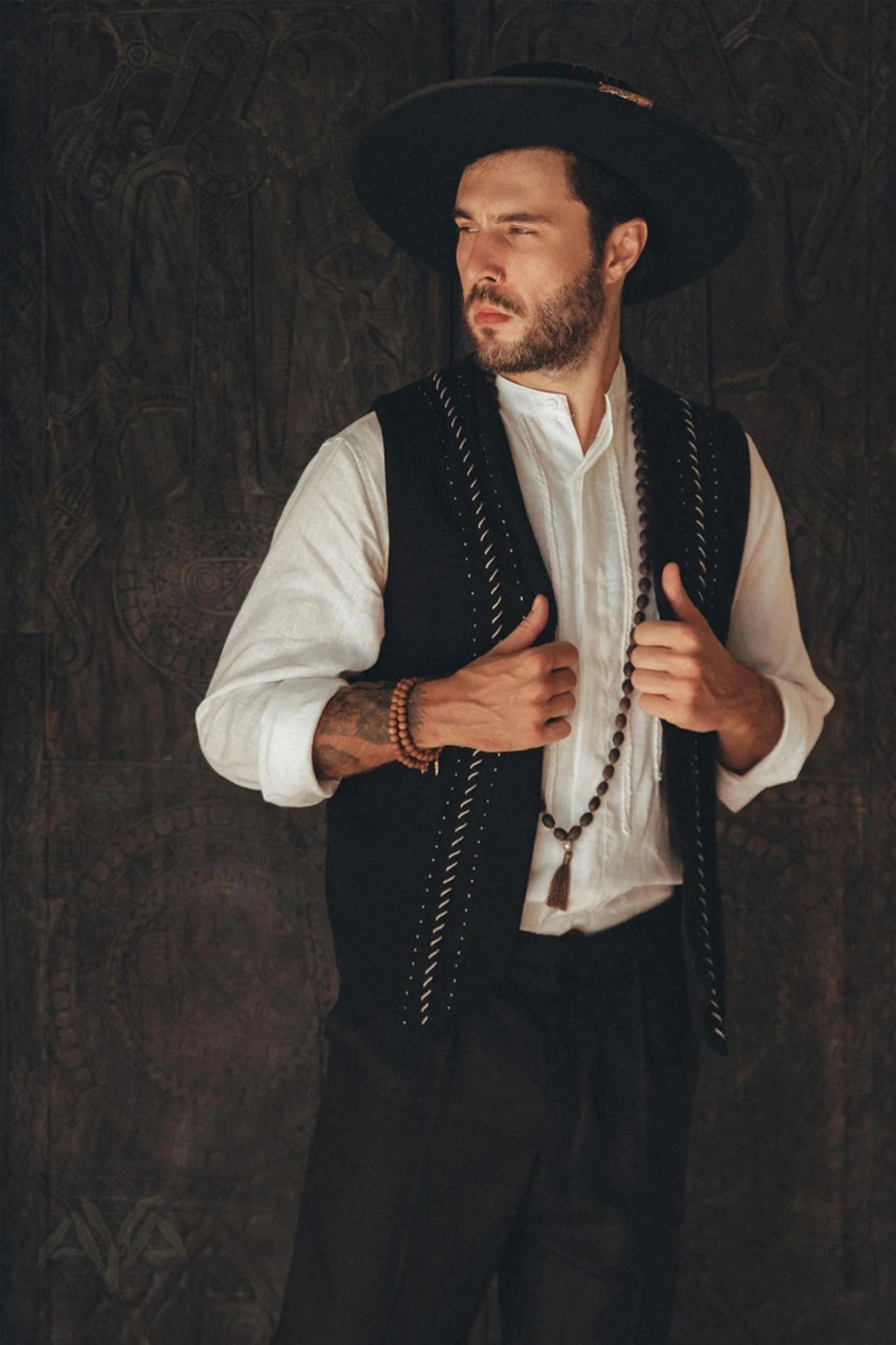 Black Hand Embroidered Vest for Men - Image 7