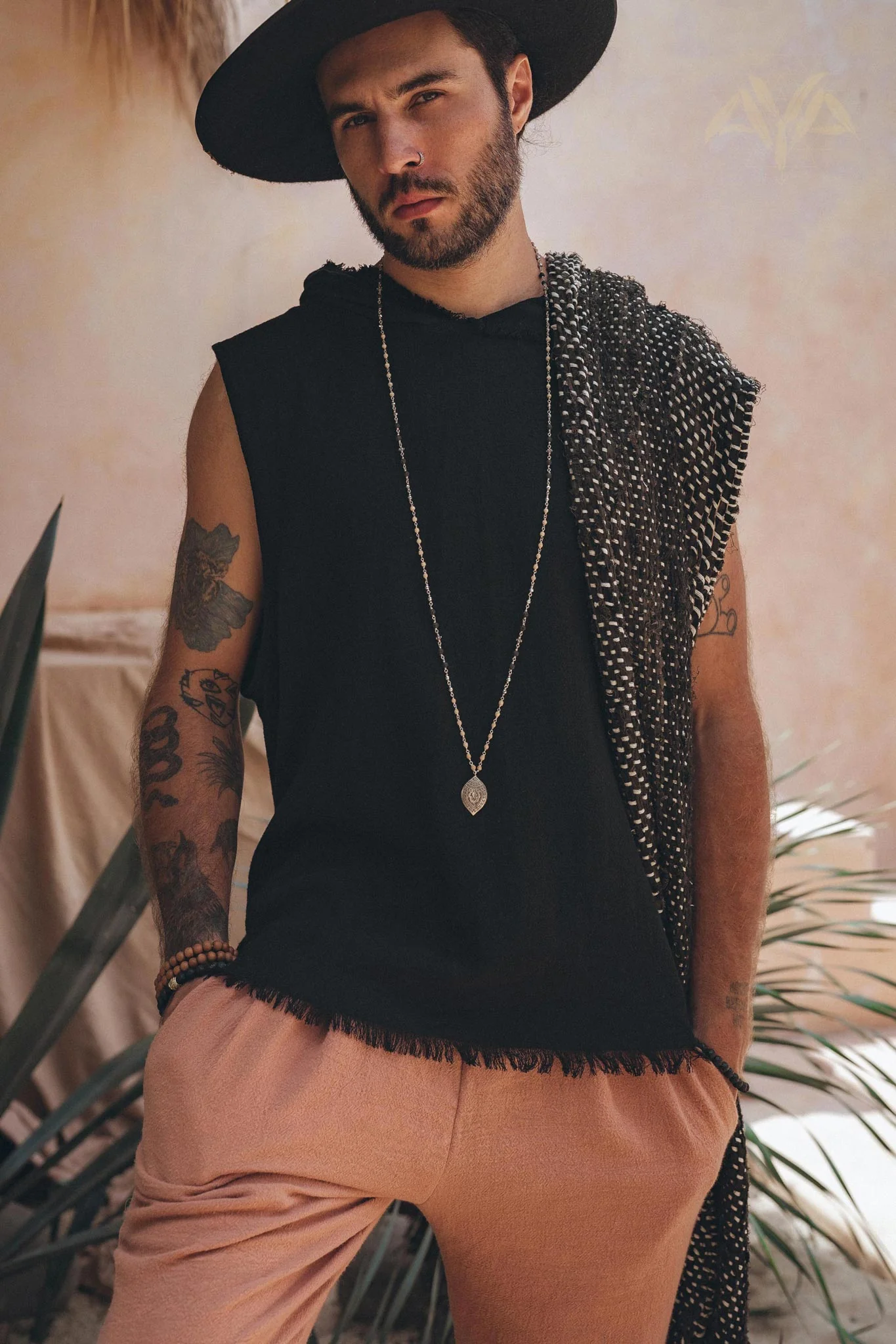 Black with White Hand-knitted Cotton Scarf for Men - Image 4