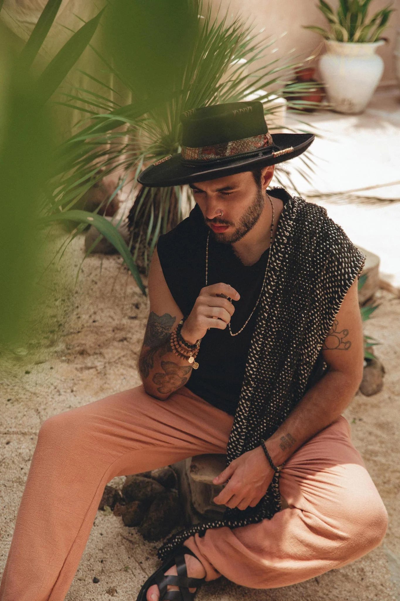 Black with White Hand-knitted Cotton Scarf for Men - Image 6