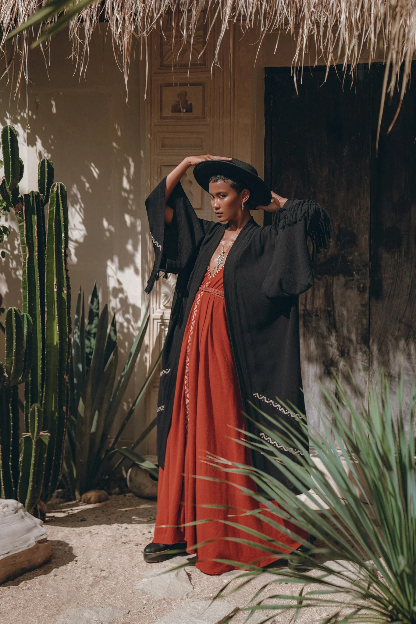 Black Organic Poncho • Tribal Cotton Robe • Hand Embroidered Overcoat - Image 4