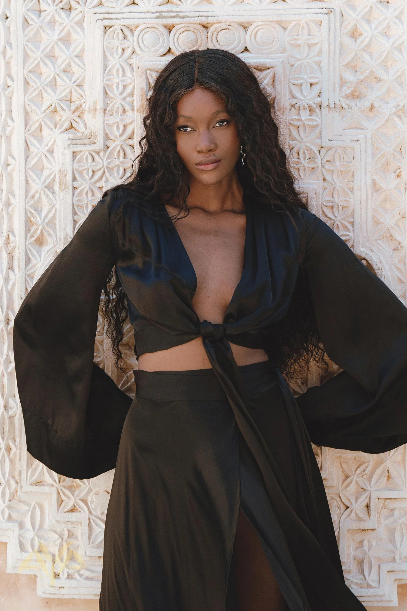 Black Venus Peace Silk Blouse • Elegant Goddess Sleeves Crop Top • Adjustable Wrap Top - Image 3