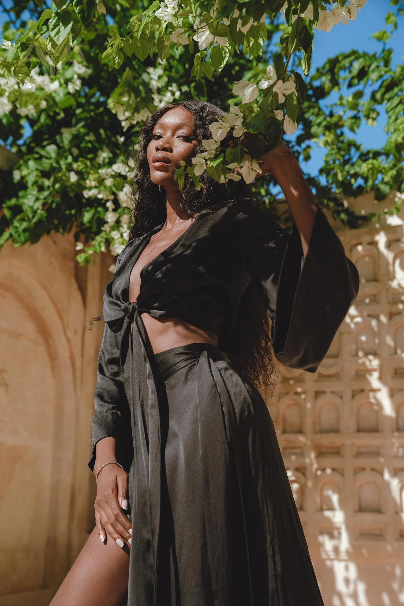 Black Venus Peace Silk Blouse • Elegant Goddess Sleeves Crop Top • Adjustable Wrap Top - Image 5