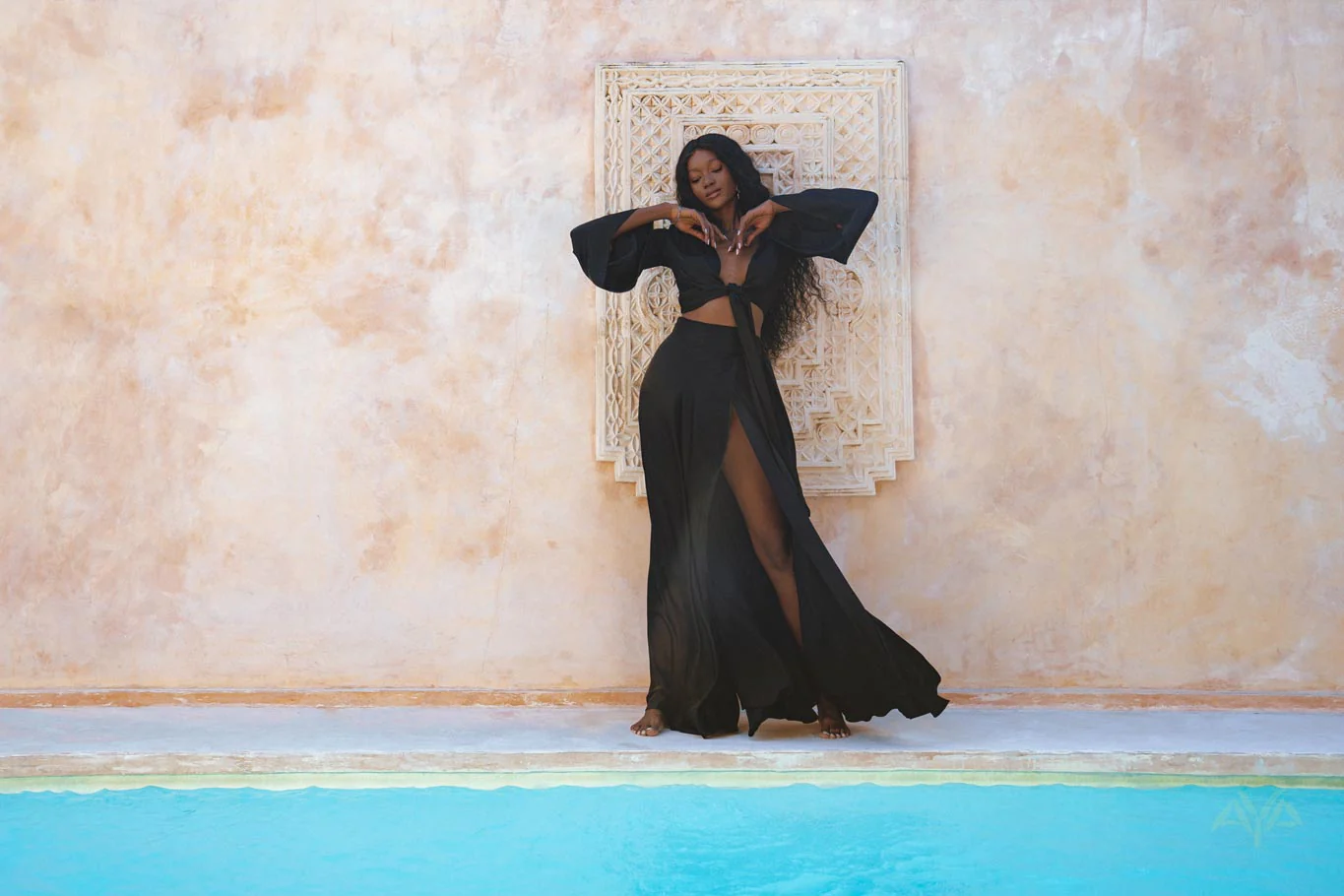 Black Venus Peace Silk Blouse • Elegant Goddess Sleeves Crop Top • Adjustable Wrap Top - Image 9