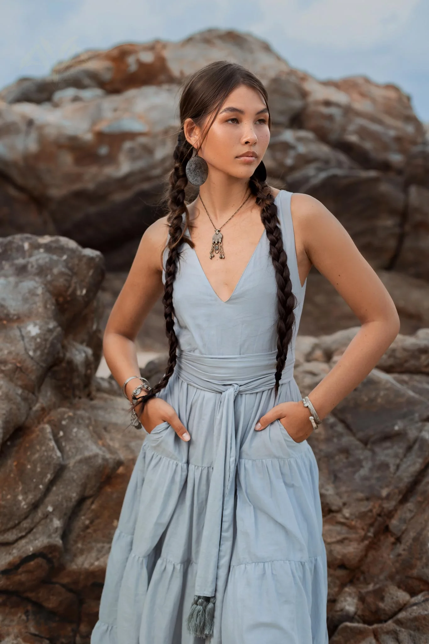 Boho Bridesmaid Dress • A Line Dress • Sky Blue Maxi Adjustable Dress - Image 9