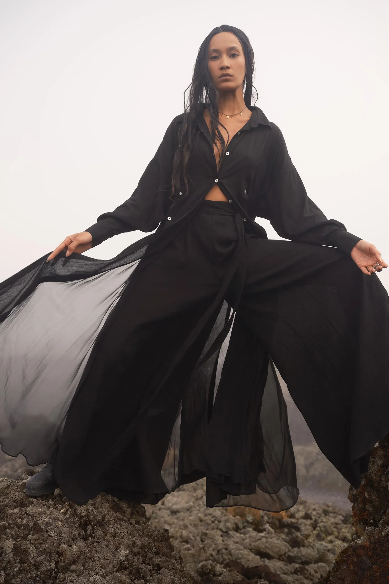 Black Kannika Shirt Dress • Black Gothic Cover Up Dress • Long Sleeves Shirt Dress - Image 3