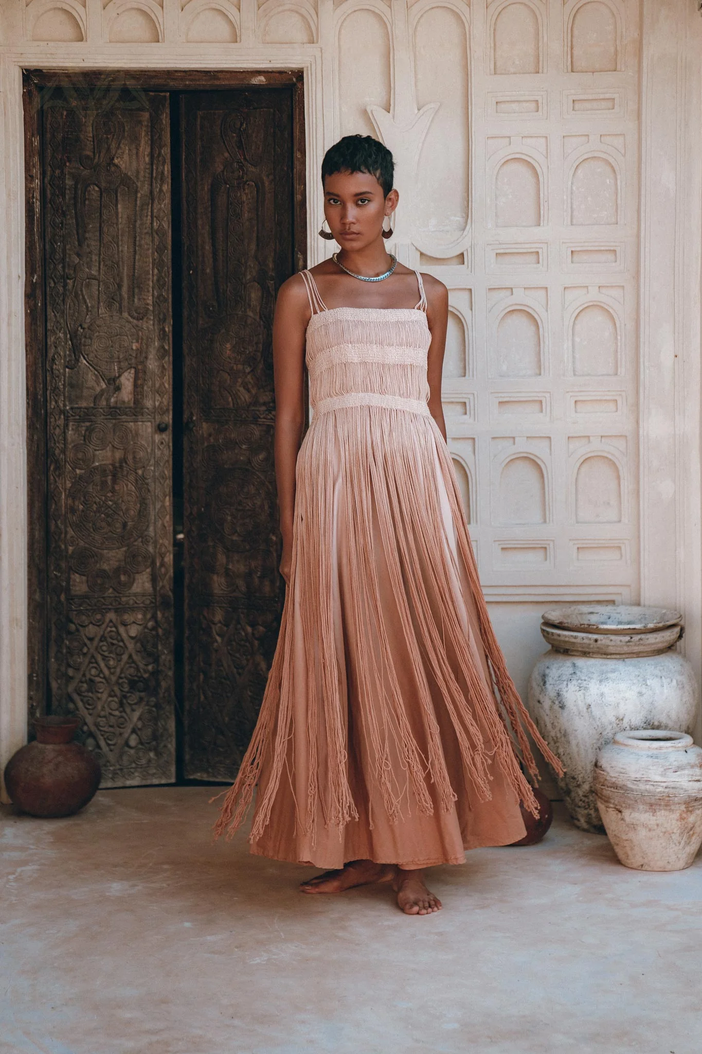 Dusty Pink Tribal Goddess Slip Over • Ethnic Handwoven Macrame Net Overlay Dress - Image 10