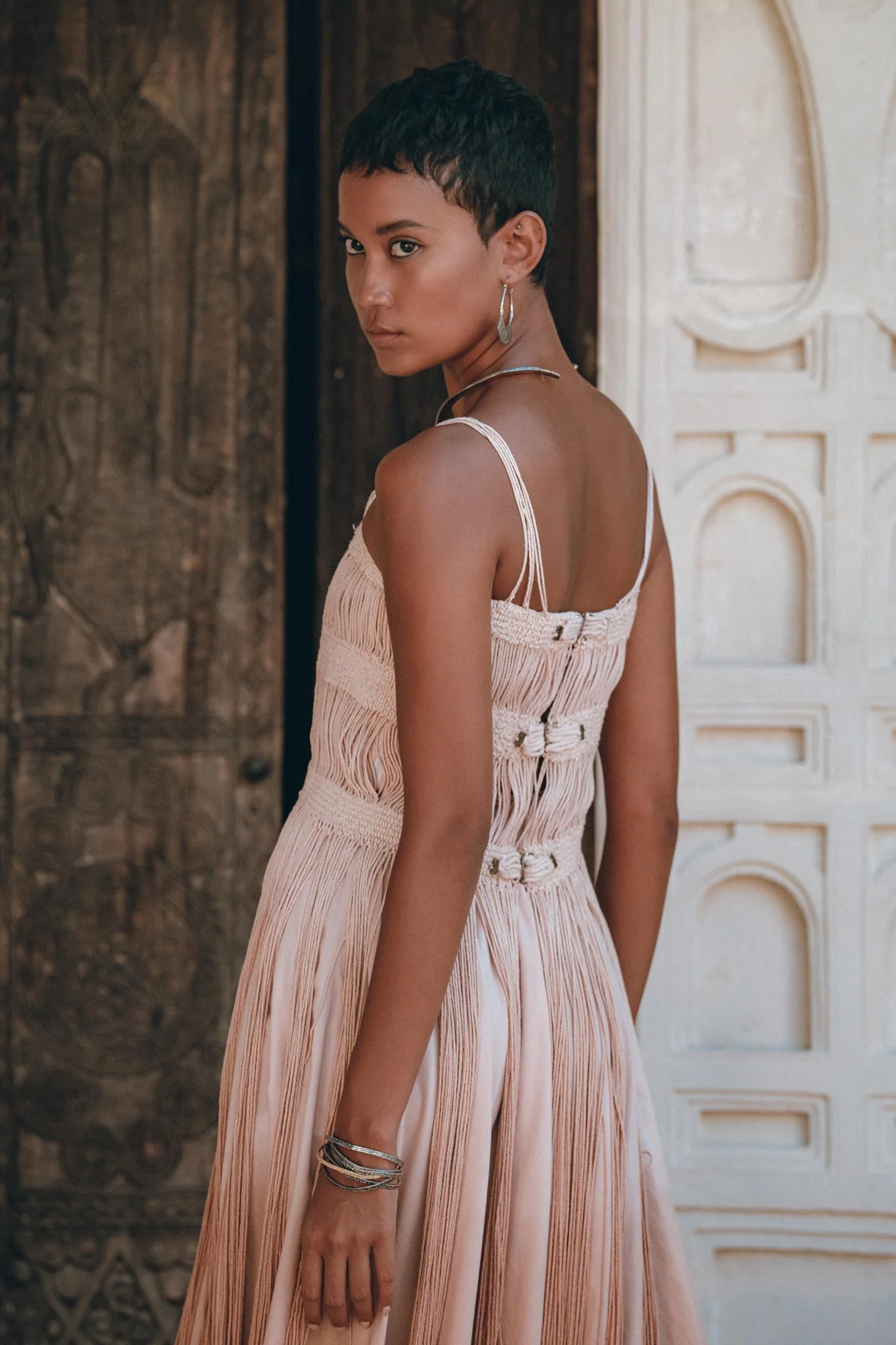 Dusty Pink Tribal Goddess Slip Over • Ethnic Handwoven Macrame Net Overlay Dress - Image 2