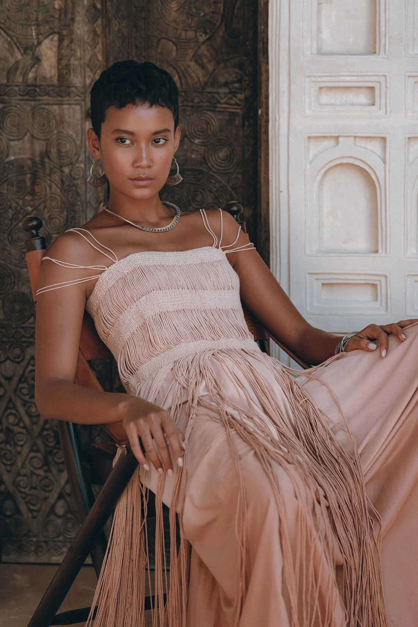 Dusty Pink Tribal Goddess Slip Over • Ethnic Handwoven Macrame Net Overlay Dress - Image 3