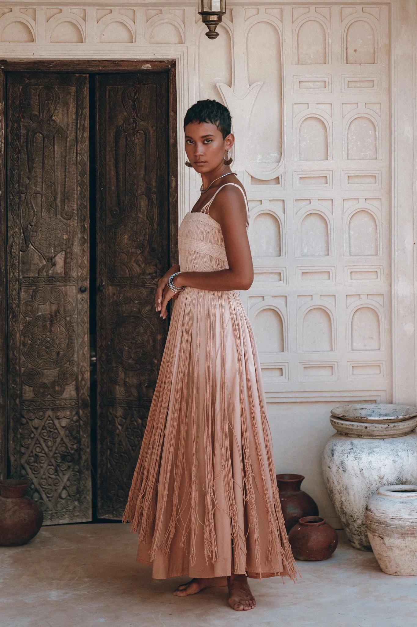 Dusty Pink Tribal Goddess Slip Over • Ethnic Handwoven Macrame Net Overlay Dress - Image 5