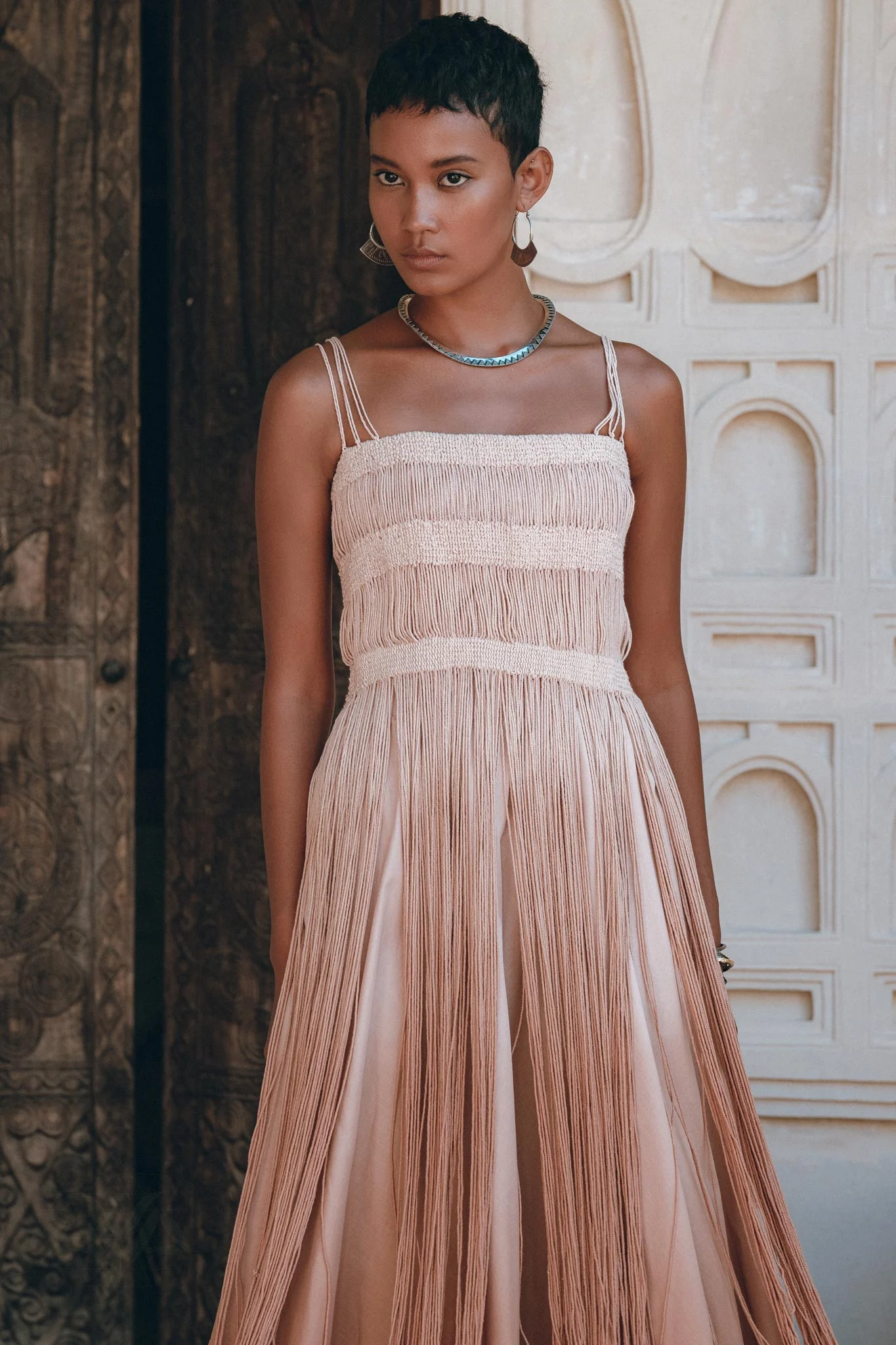 Dusty Pink Tribal Goddess Slip Over • Ethnic Handwoven Macrame Net Overlay Dress - Image 6