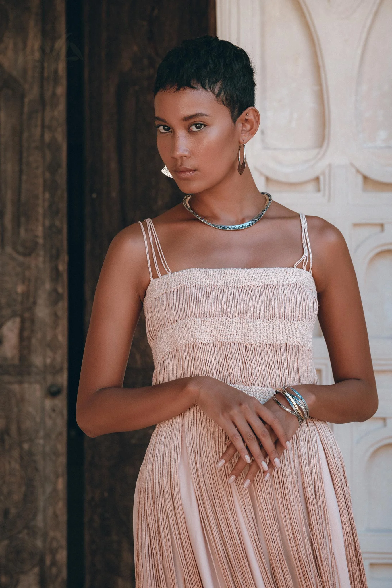 Dusty Pink Tribal Goddess Slip Over • Ethnic Handwoven Macrame Net Overlay Dress - Image 7