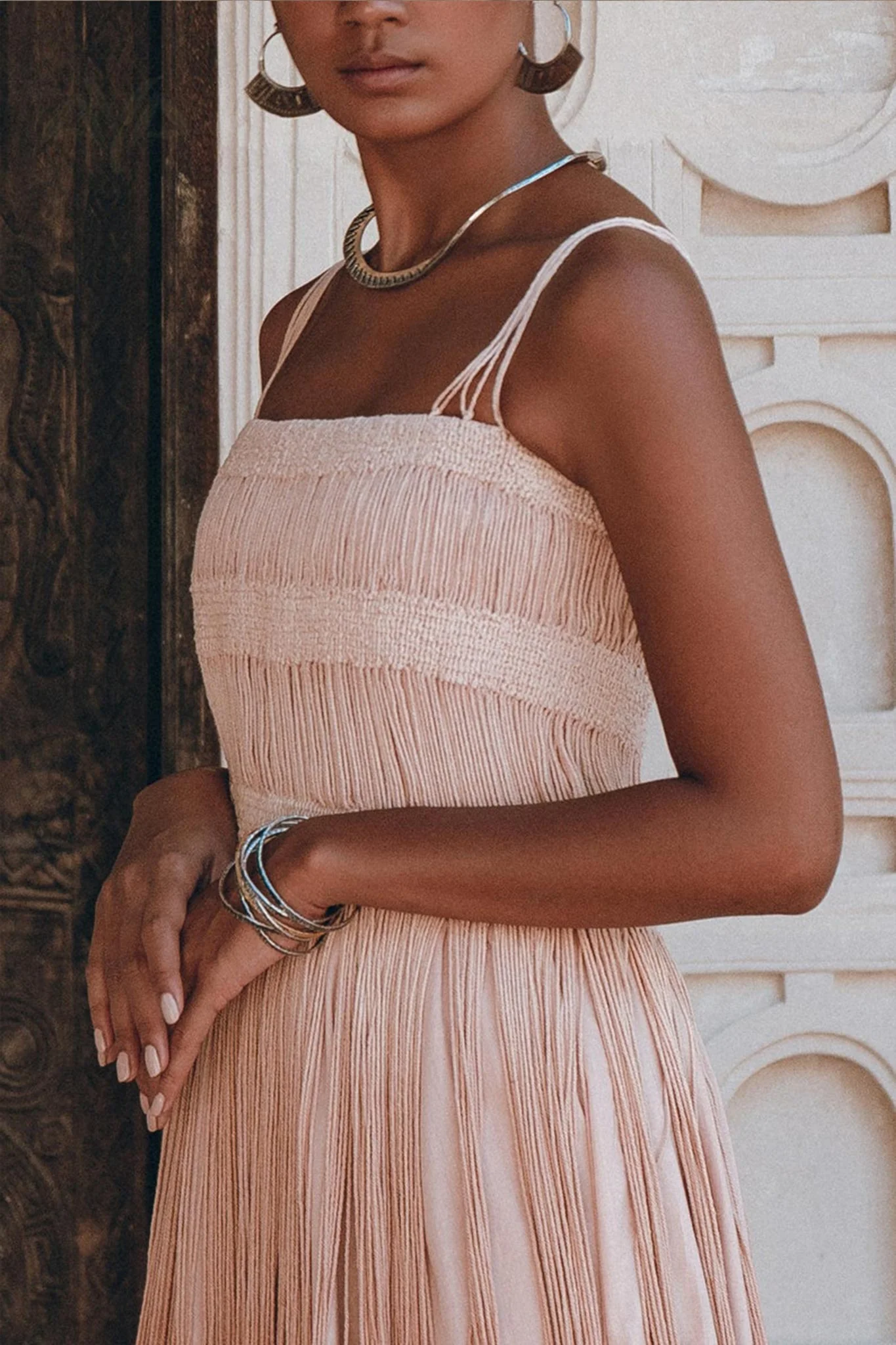 Dusty Pink Tribal Goddess Slip Over • Ethnic Handwoven Macrame Net Overlay Dress - Image 8
