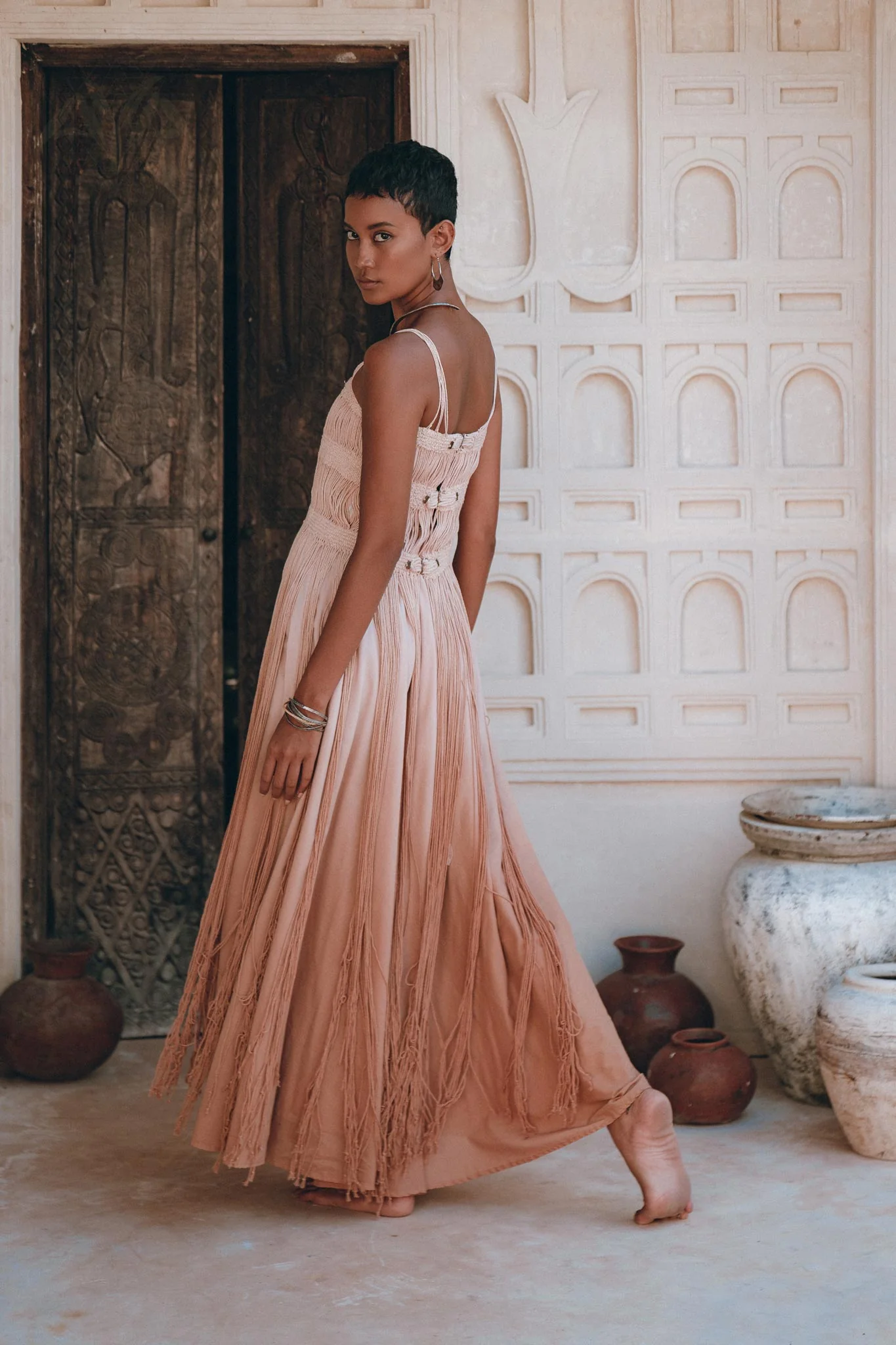 Dusty Pink Tribal Goddess Slip Over • Ethnic Handwoven Macrame Net Overlay Dress - Image 9