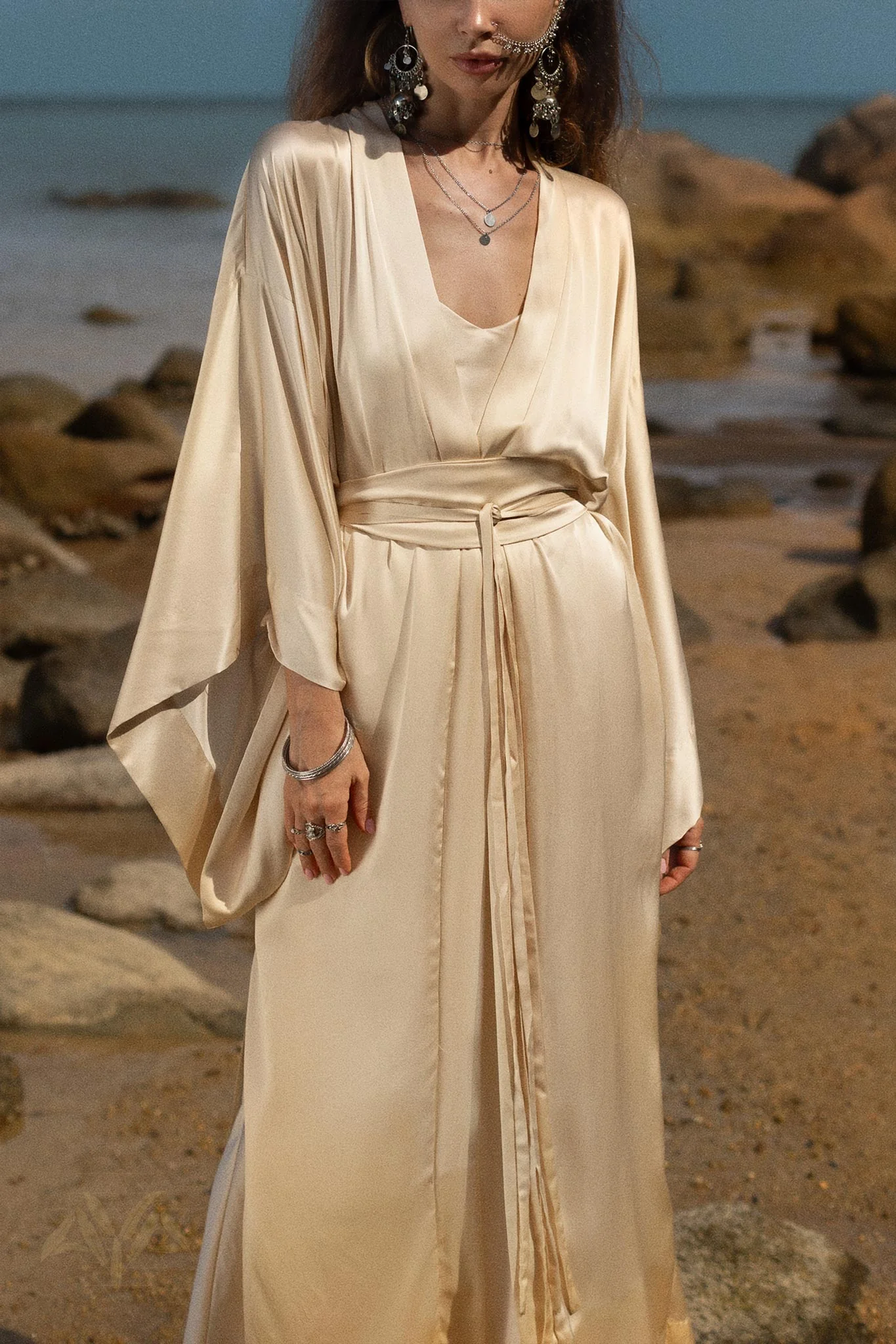 Cream Silk Kimono Cover Up • Wide Sleeve Bohemian Cardigan - Image 10