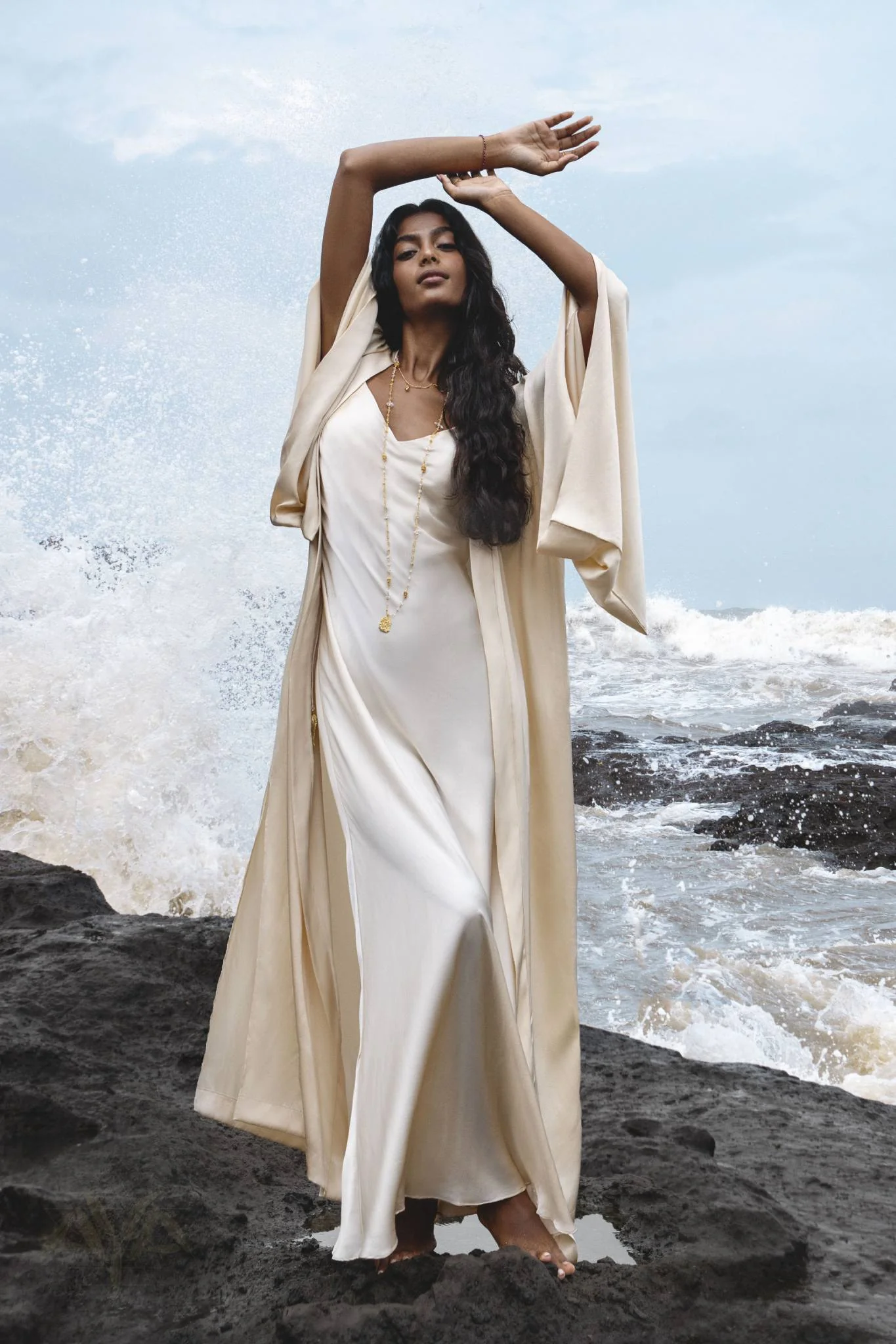 Cream Silk Kimono Cover Up • Wide Sleeve Bohemian Cardigan - Image 2
