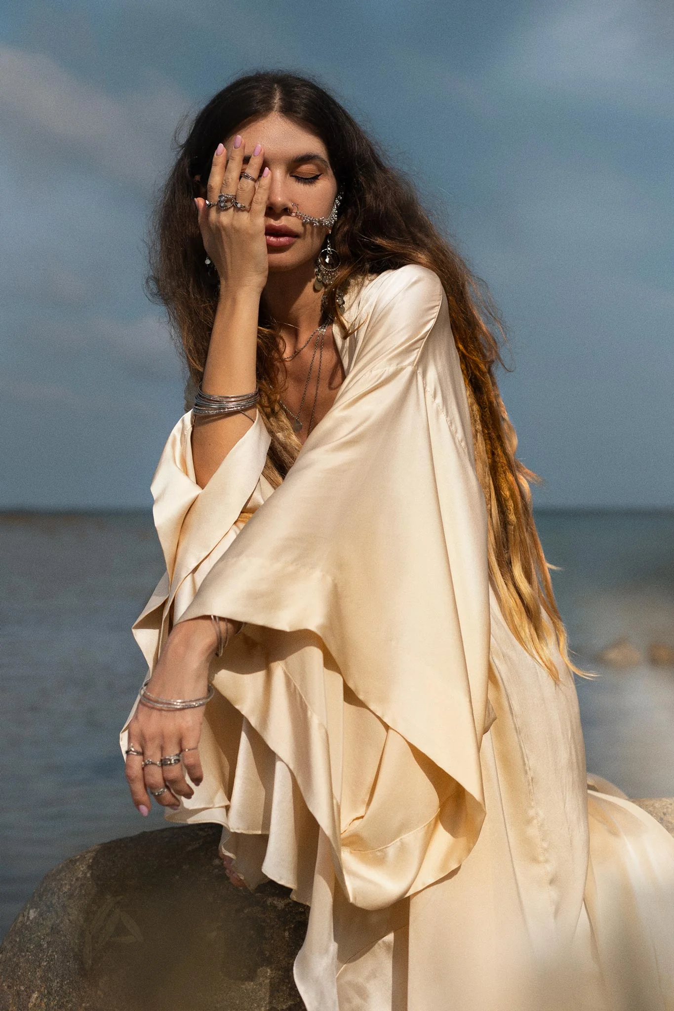 Cream Silk Kimono Cover Up • Wide Sleeve Bohemian Cardigan - Image 6