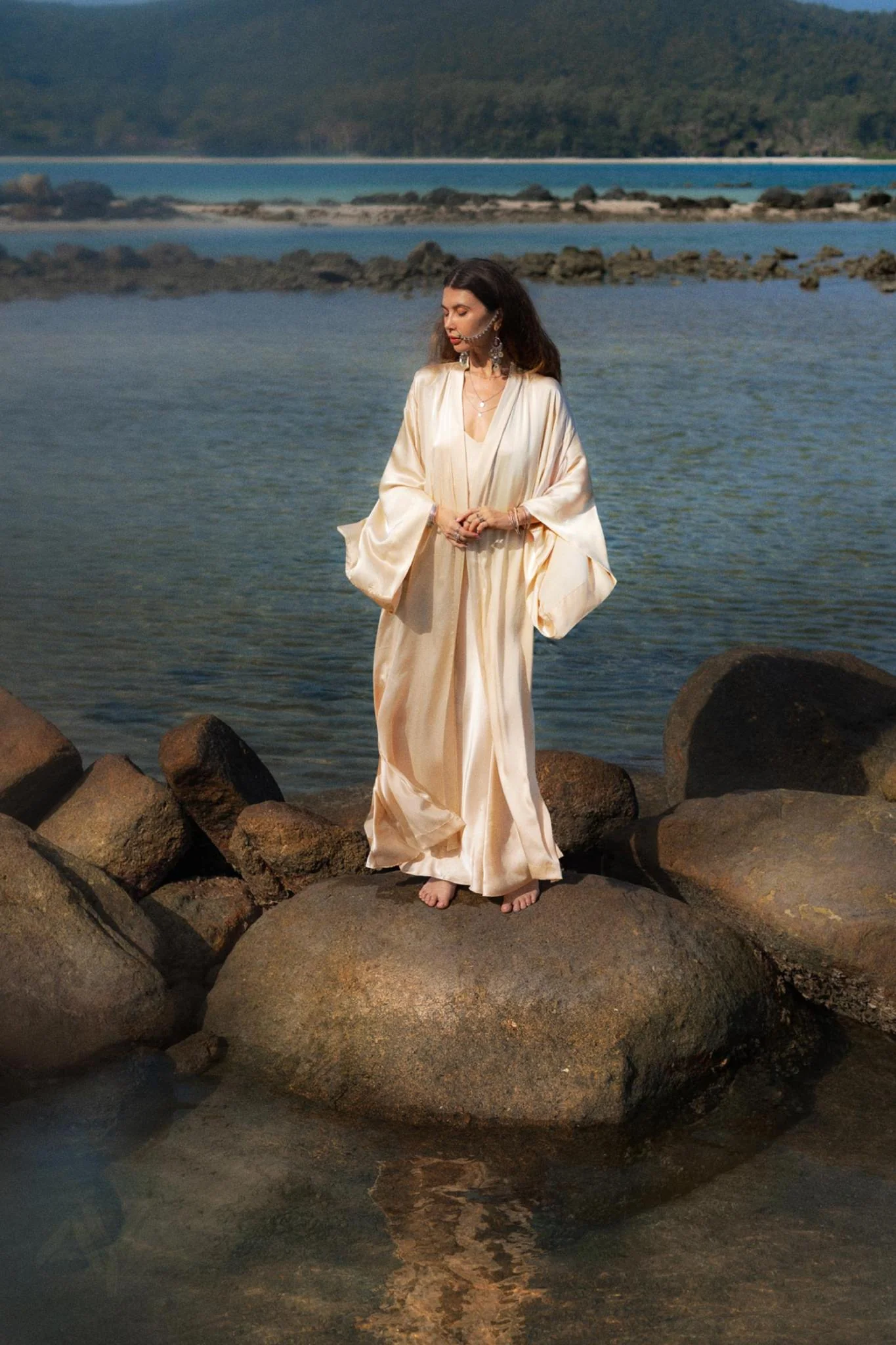 Cream Silk Kimono Cover Up • Wide Sleeve Bohemian Cardigan - Image 8