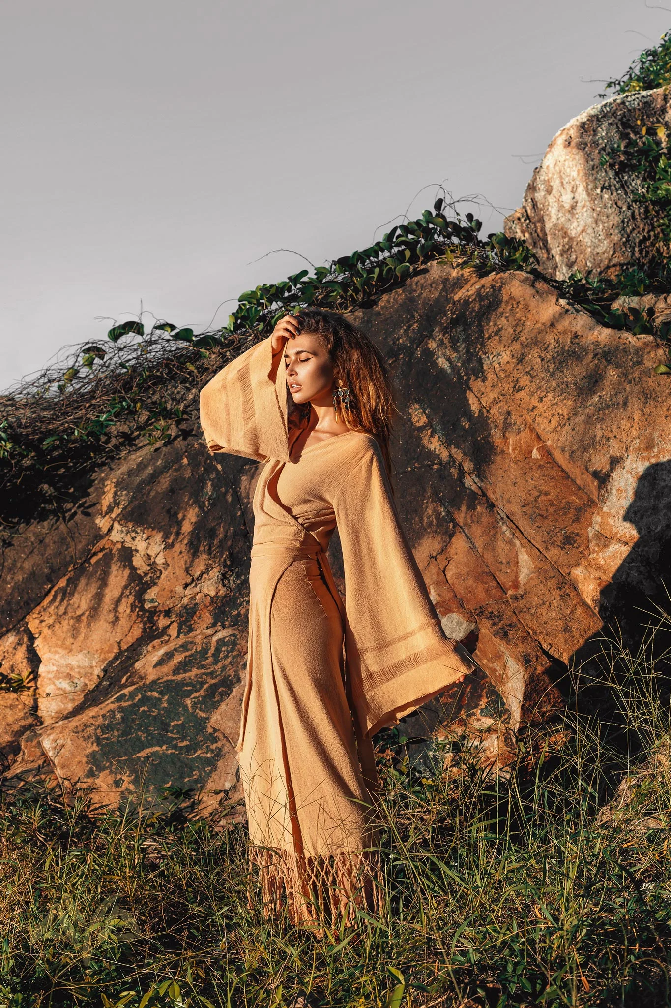 Yellow Boho Wrap Top • Organic Wide Sleeve Bohemian Wrap Blouse - Image 3