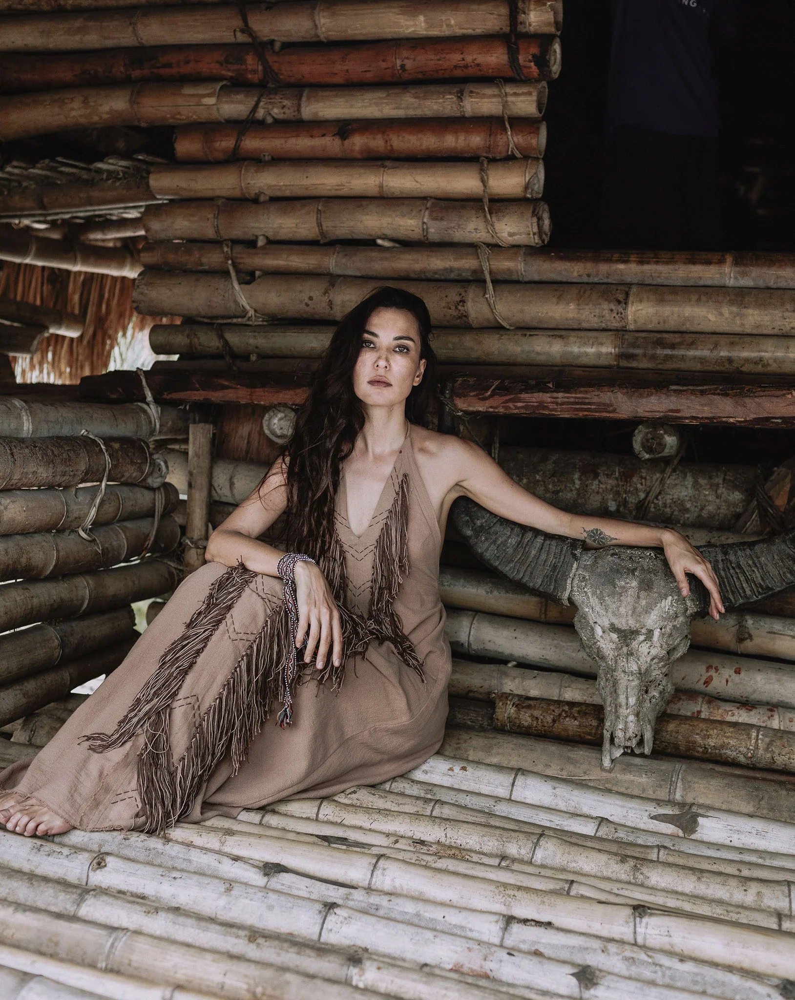Beige Organic Cotton Bohemian Tribal Maxi Dress with Hand Loomed Tassels - Image 2