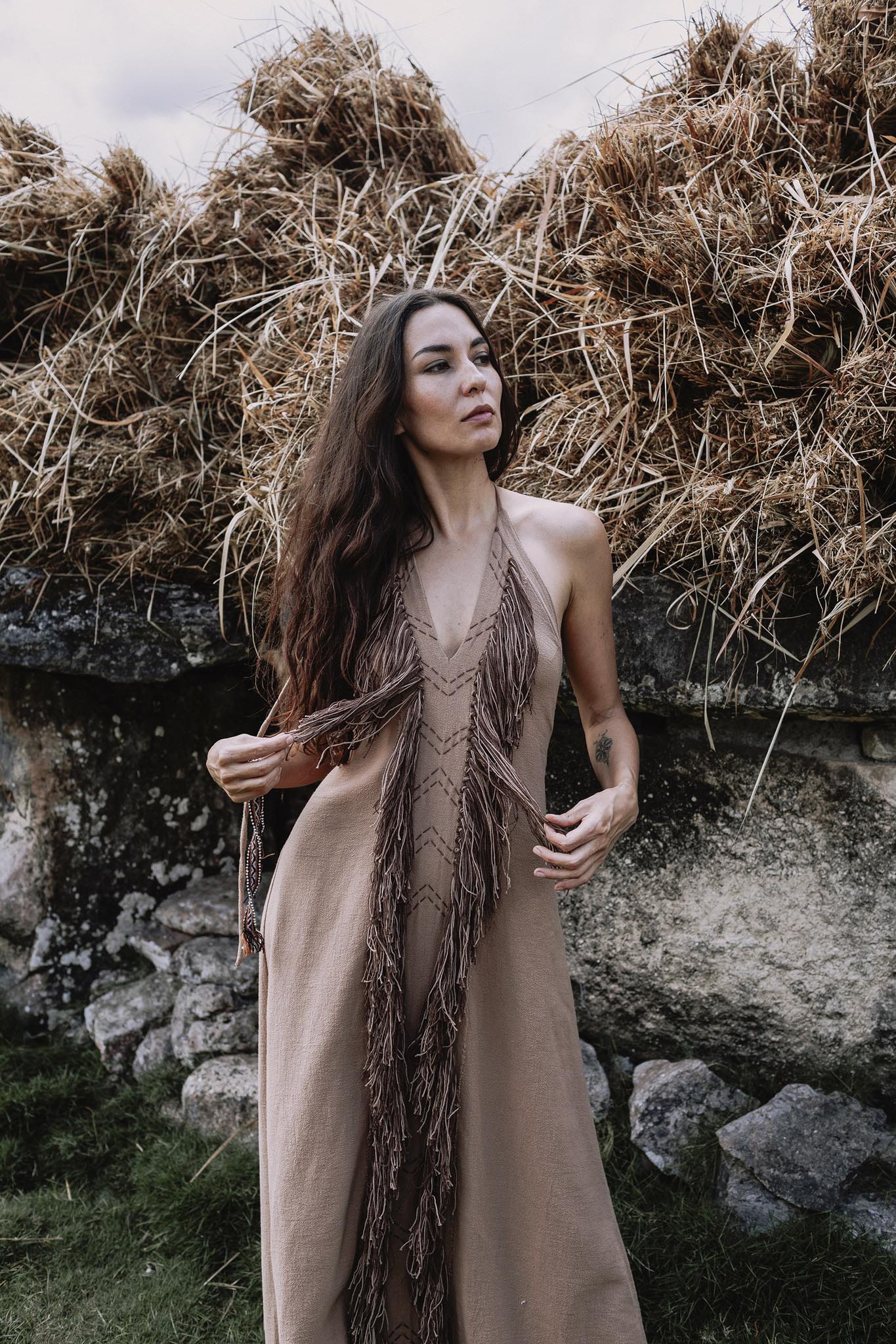 Beige Organic Cotton Bohemian Tribal Maxi Dress with Hand Loomed Tassels - Image 3
