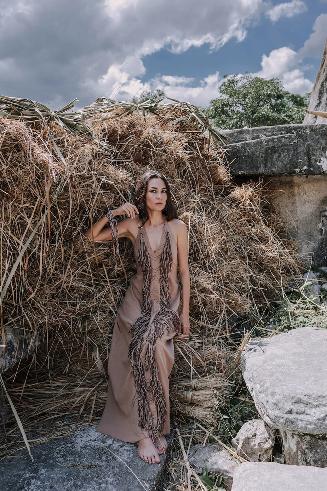 Beige Organic Cotton Bohemian Tribal Maxi Dress with Hand Loomed Tassels - Image 4