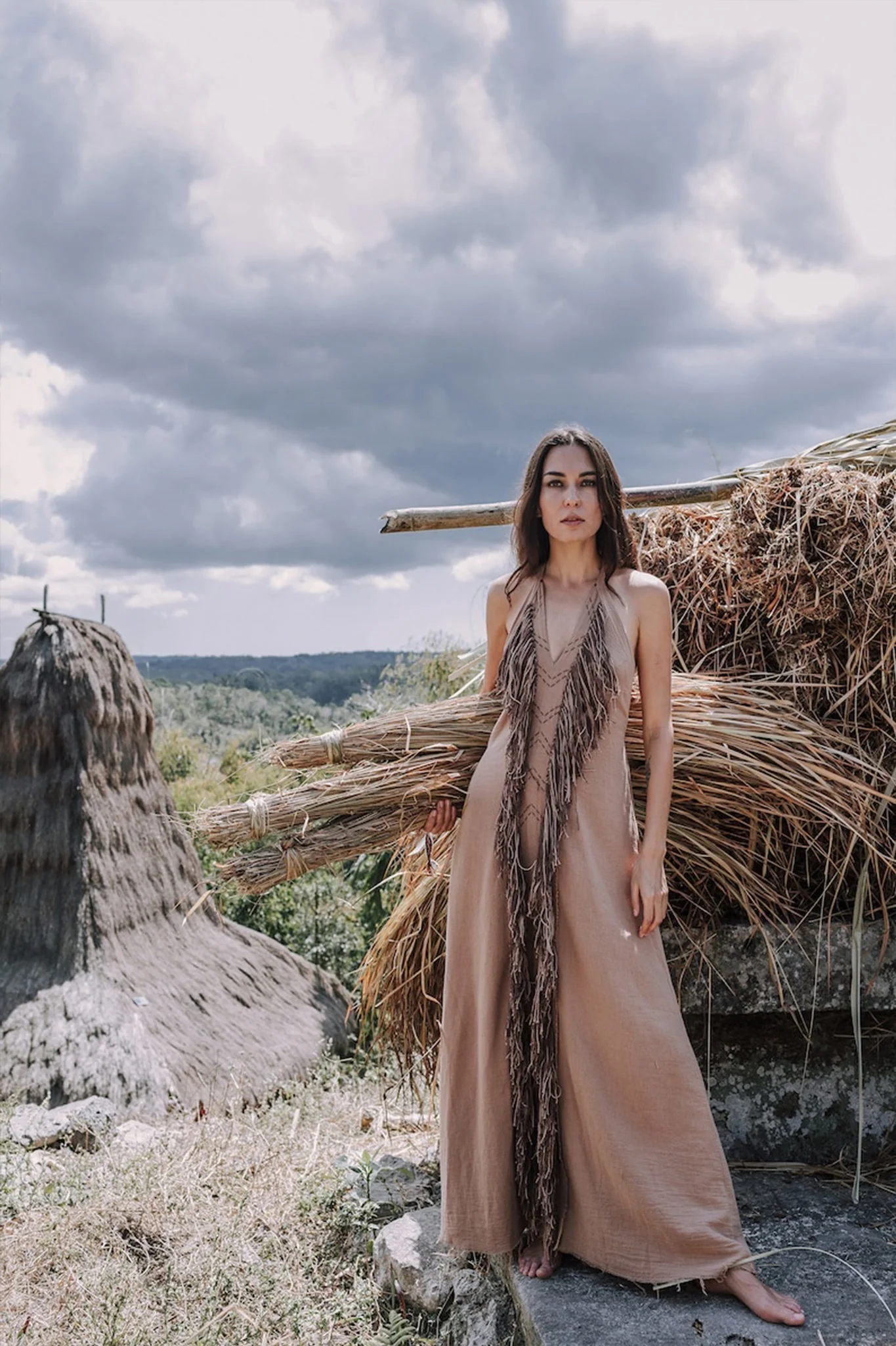Beige Organic Cotton Bohemian Tribal Maxi Dress with Hand Loomed Tassels - Image 5