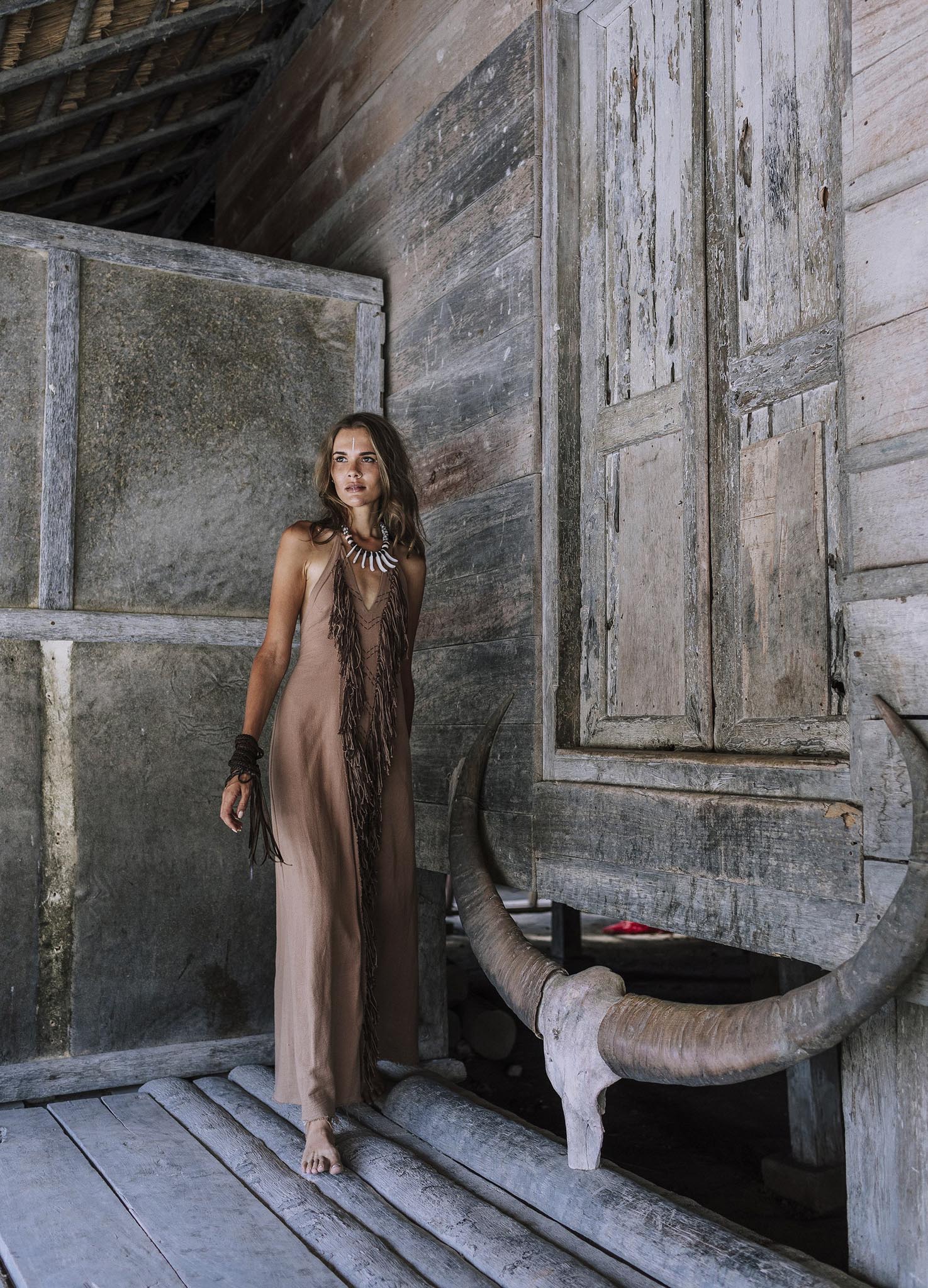 Beige Organic Cotton Bohemian Tribal Maxi Dress with Hand Loomed Tassels - Image 6
