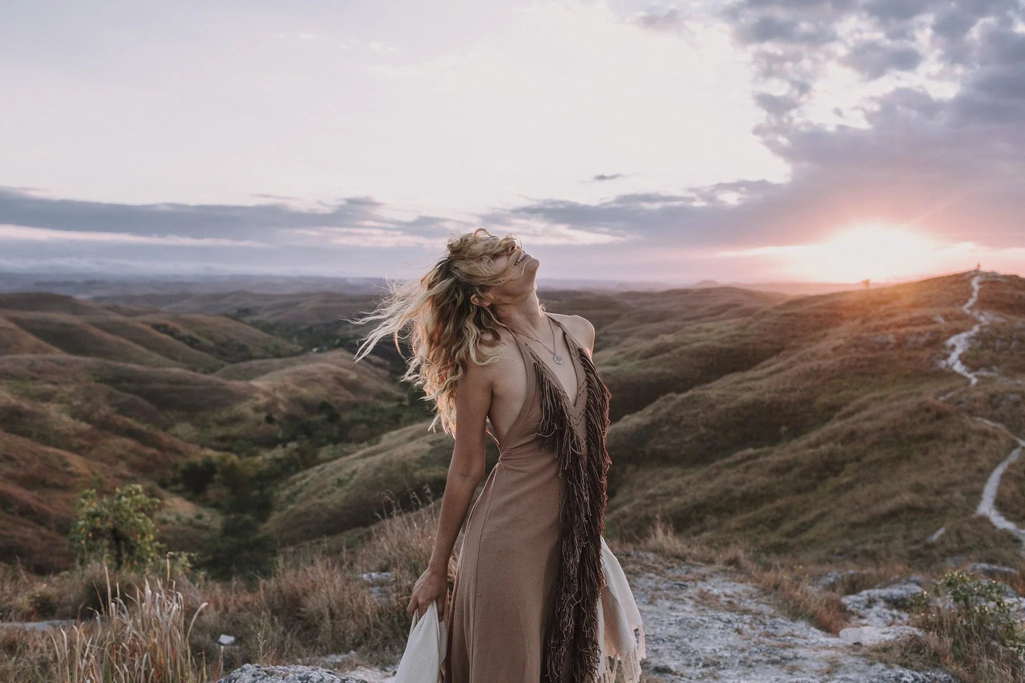 Beige Organic Cotton Bohemian Tribal Maxi Dress with Hand Loomed Tassels - Image 8