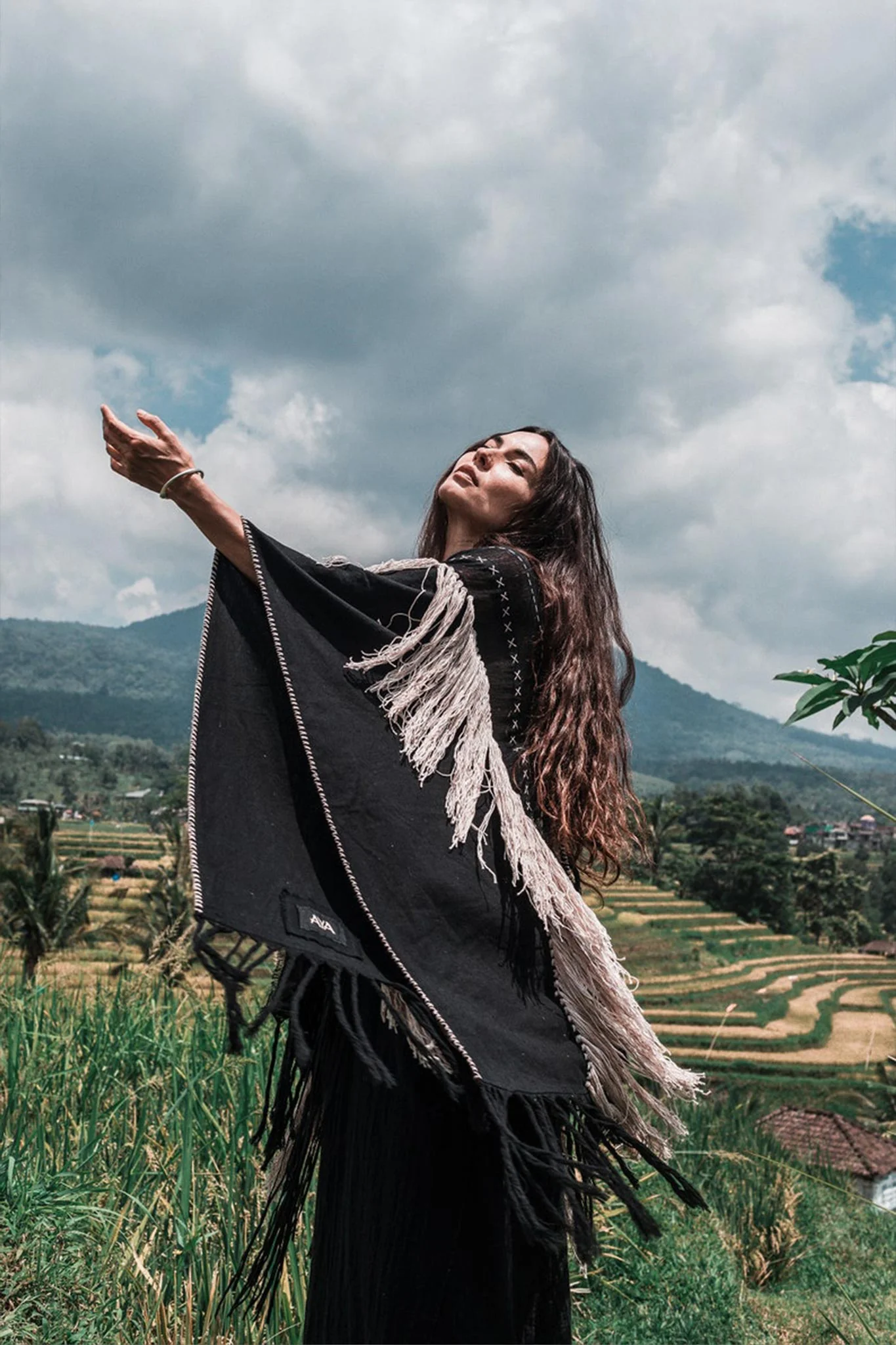 Black Boho Poncho • Hand Stitch Mantel with Hand Loomed Tassels - Image 7