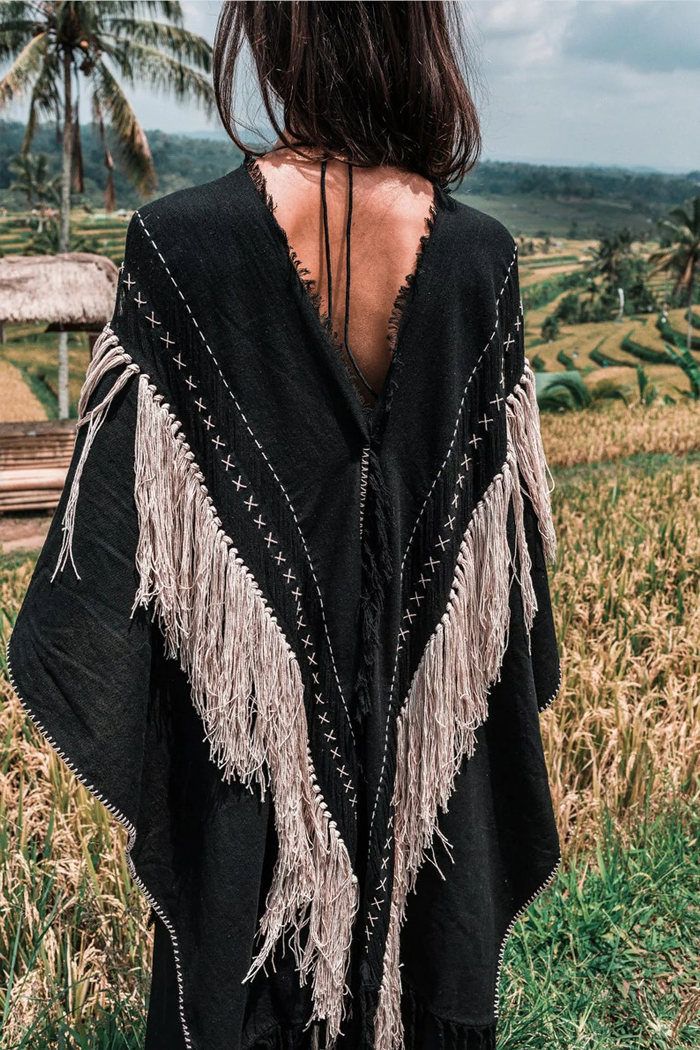 Black Boho Poncho • Hand Stitch Mantel with Hand Loomed Tassels - Image 8