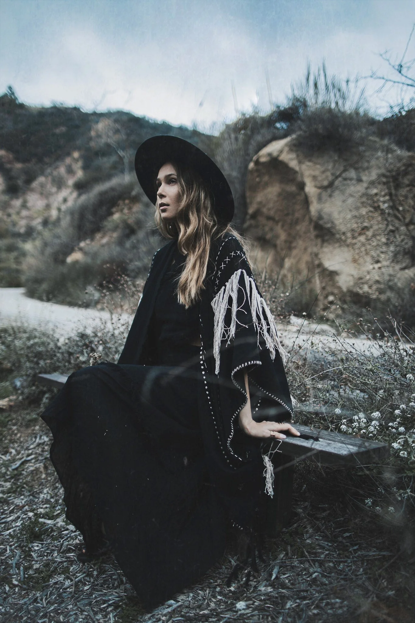 Black Boho Poncho • Hand Stitch Mantel with Hand Loomed Tassels - Image 9