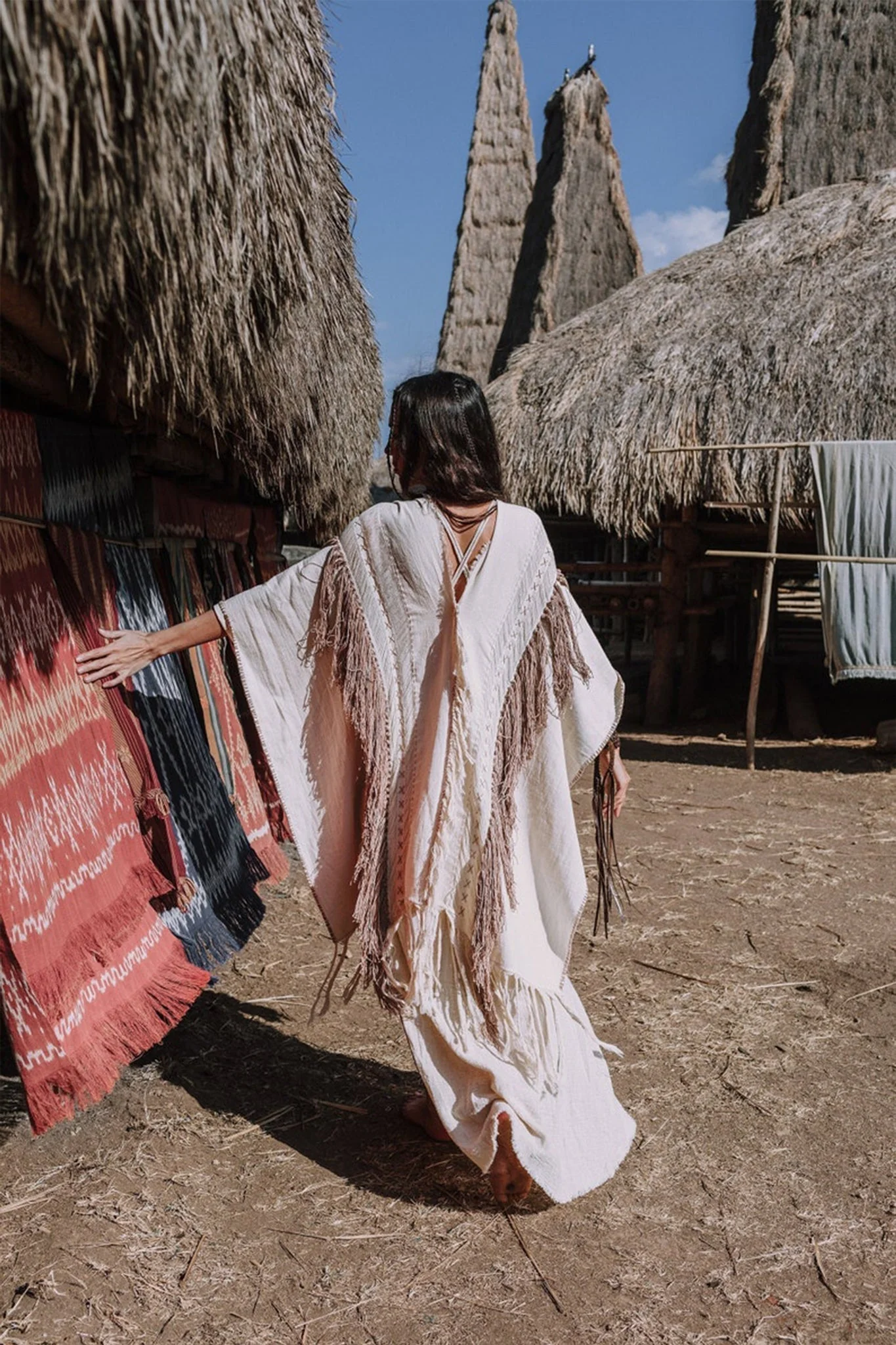 Unique Off-White Boho Poncho with Hand Loomed Tassels - Image 5