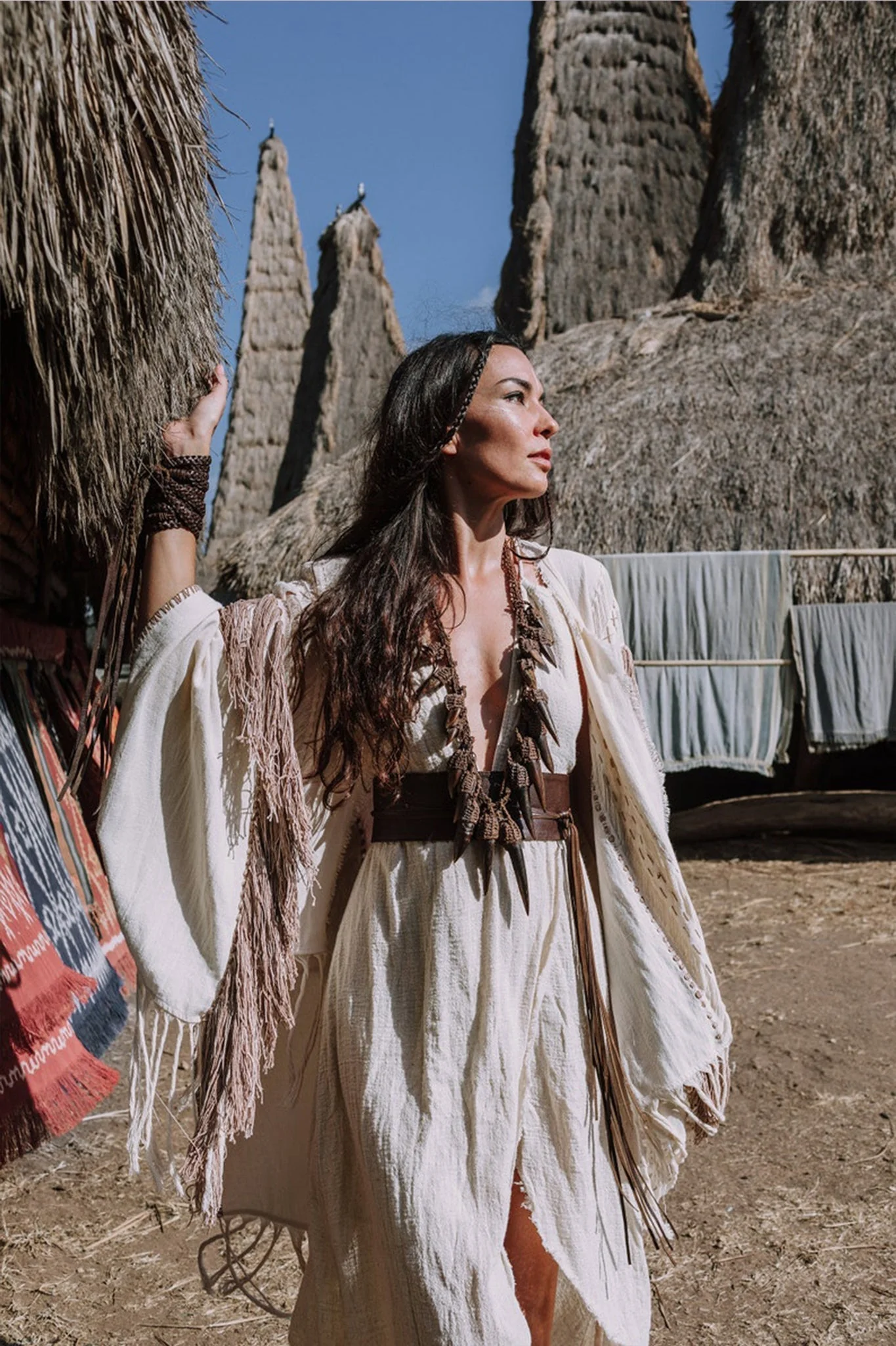 Unique Off-White Boho Poncho with Hand Loomed Tassels - Image 7
