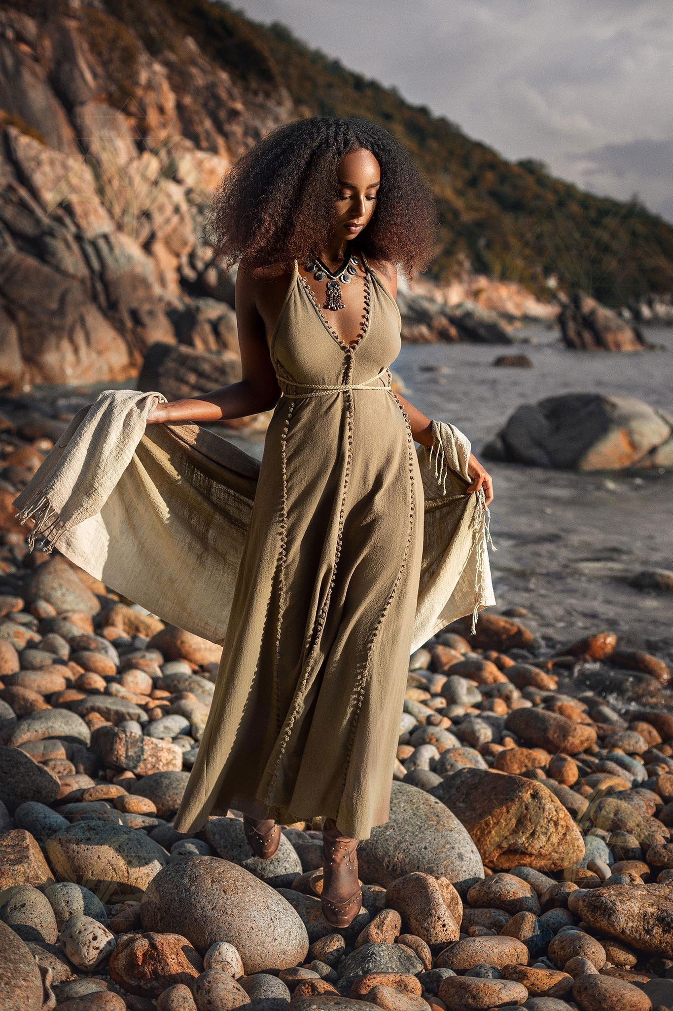 Dark Green Greek Goddess Dress • Bohemian Braided Dress • Open Back Dress - Image 2