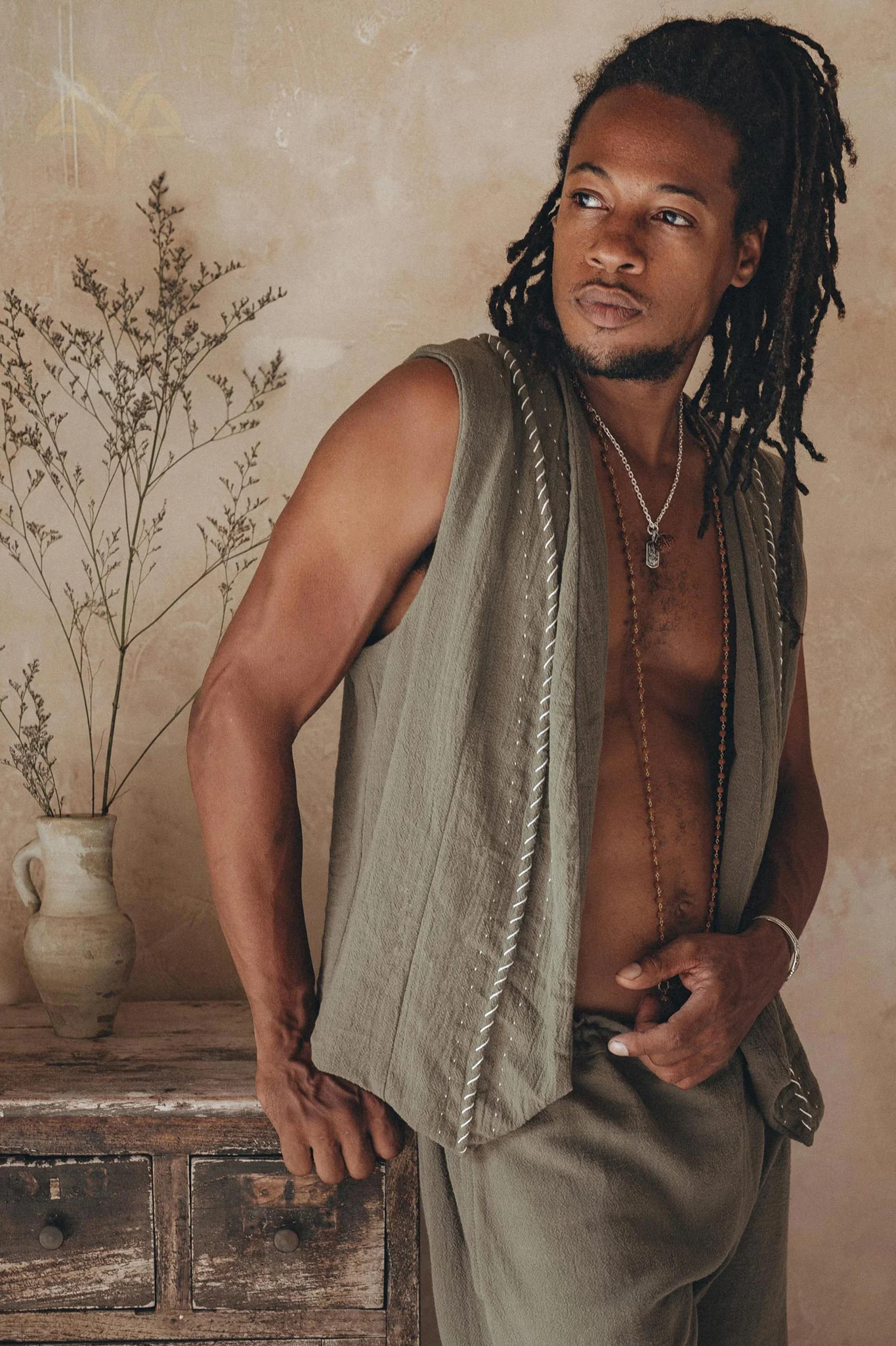 Dark Green Hand Embroidered Vest for Men - Image 2