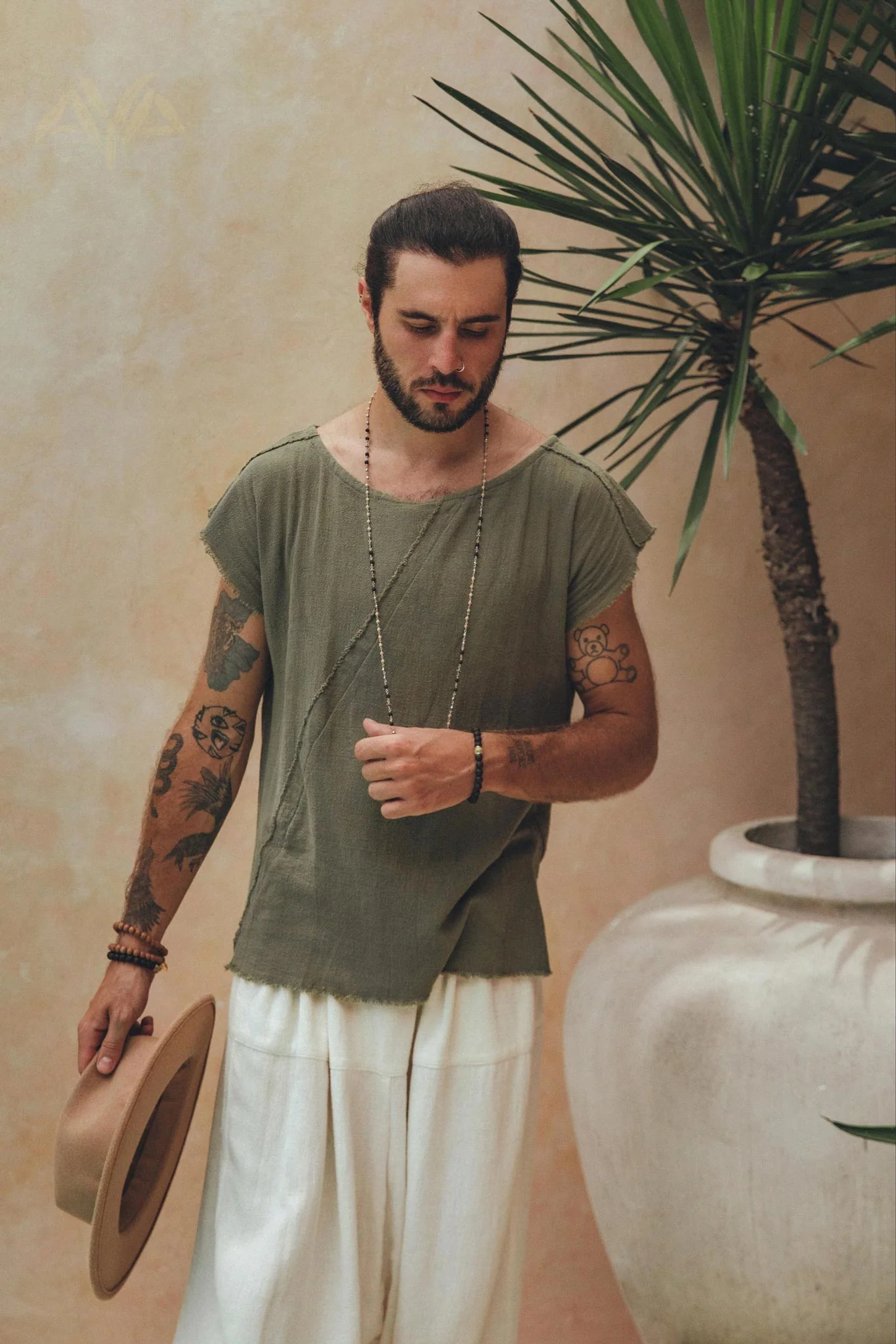 Dark Green Raw Edge Thick Cotton Top Tee for Men - Image 7