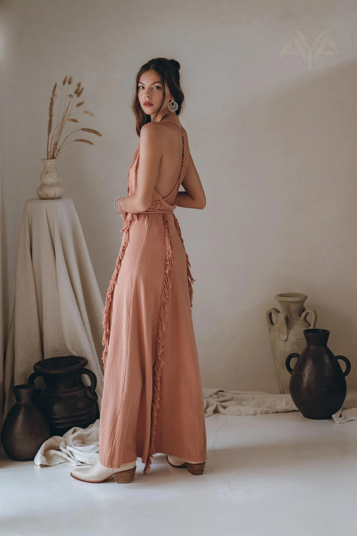 Delicate Dusty Rose Raw Cotton Fringe Goddess Dress - Image 10