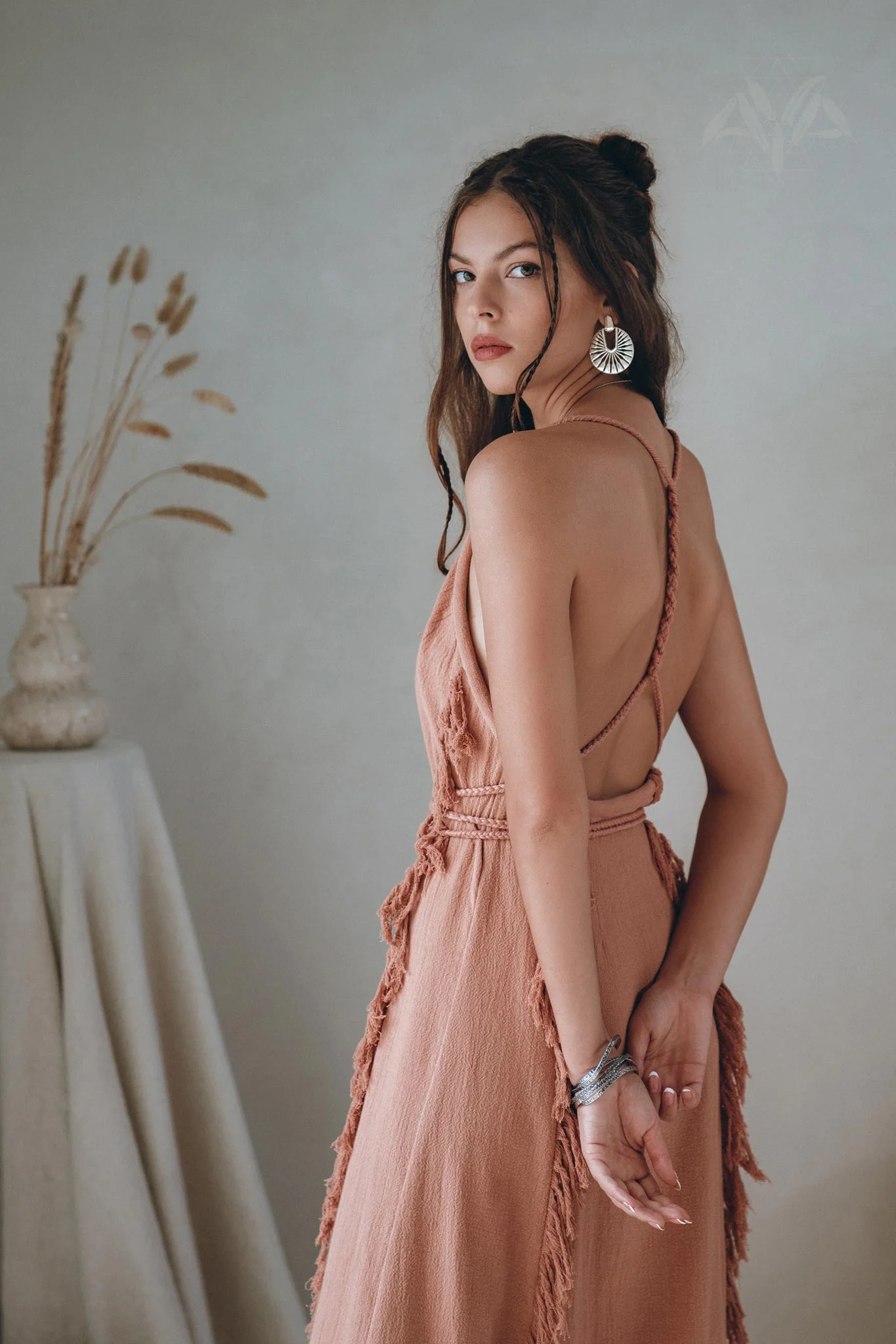 Delicate Dusty Rose Raw Cotton Fringe Goddess Dress - Image 4