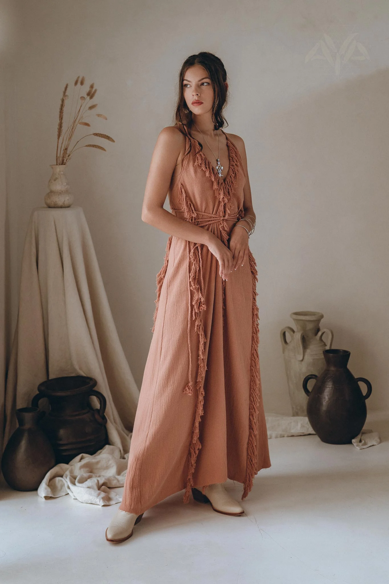 Delicate Dusty Rose Raw Cotton Fringe Goddess Dress - Image 5