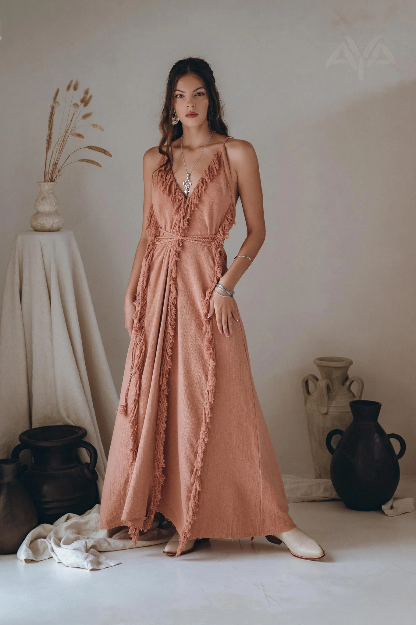 Delicate Dusty Rose Raw Cotton Fringe Goddess Dress - Image 6