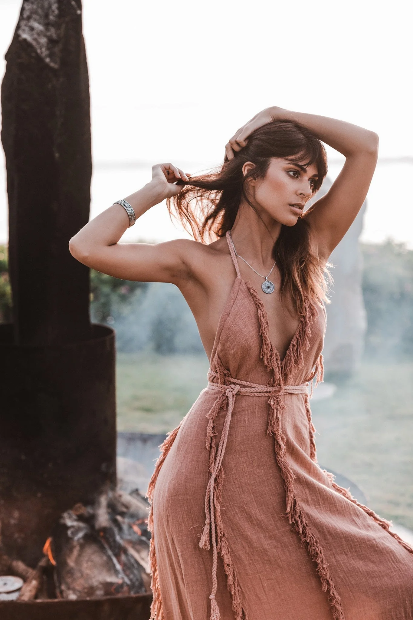 Delicate Dusty Rose Raw Cotton Fringe Goddess Dress - Image 7