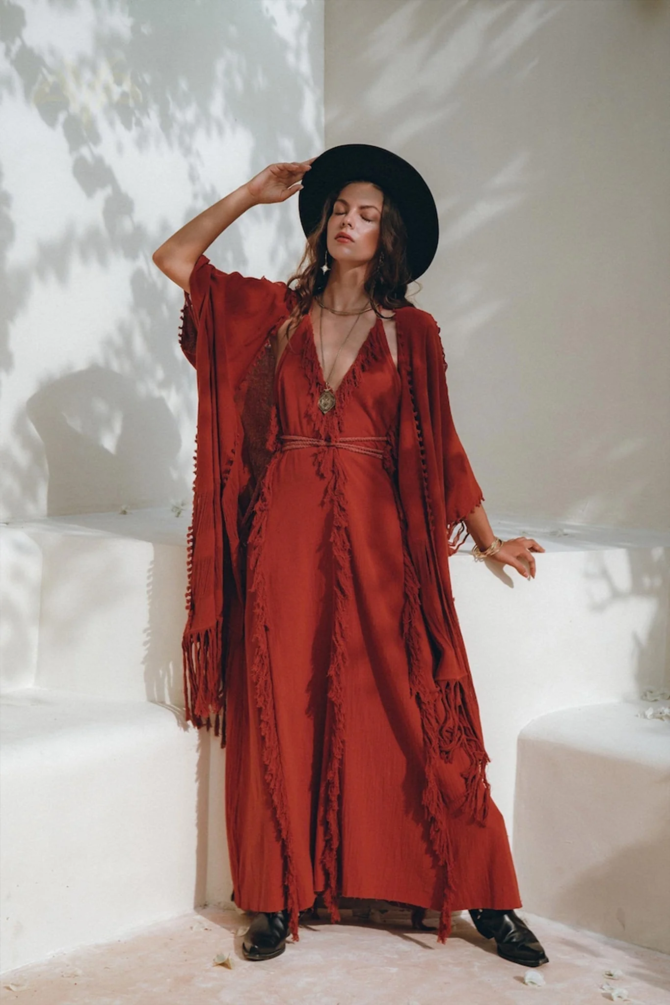 Divine Wine Red Raw Cotton Fringe Goddess Dress• Boho Bridesmaid Dress • Red Organic Goddess Dress