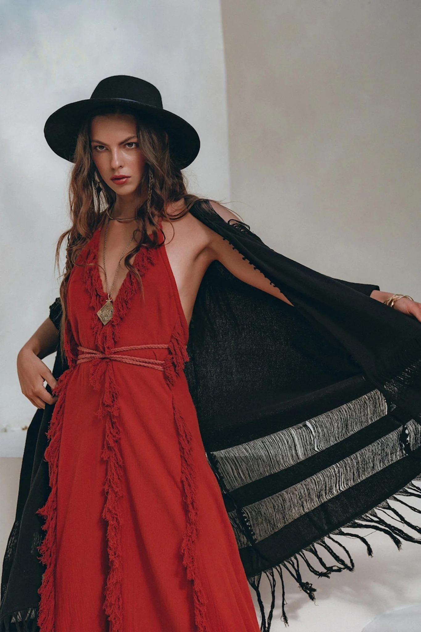 Divine Wine Red Raw Cotton Fringe Goddess Dress• Boho Bridesmaid Dress • Red Organic Goddess Dress - Image 10