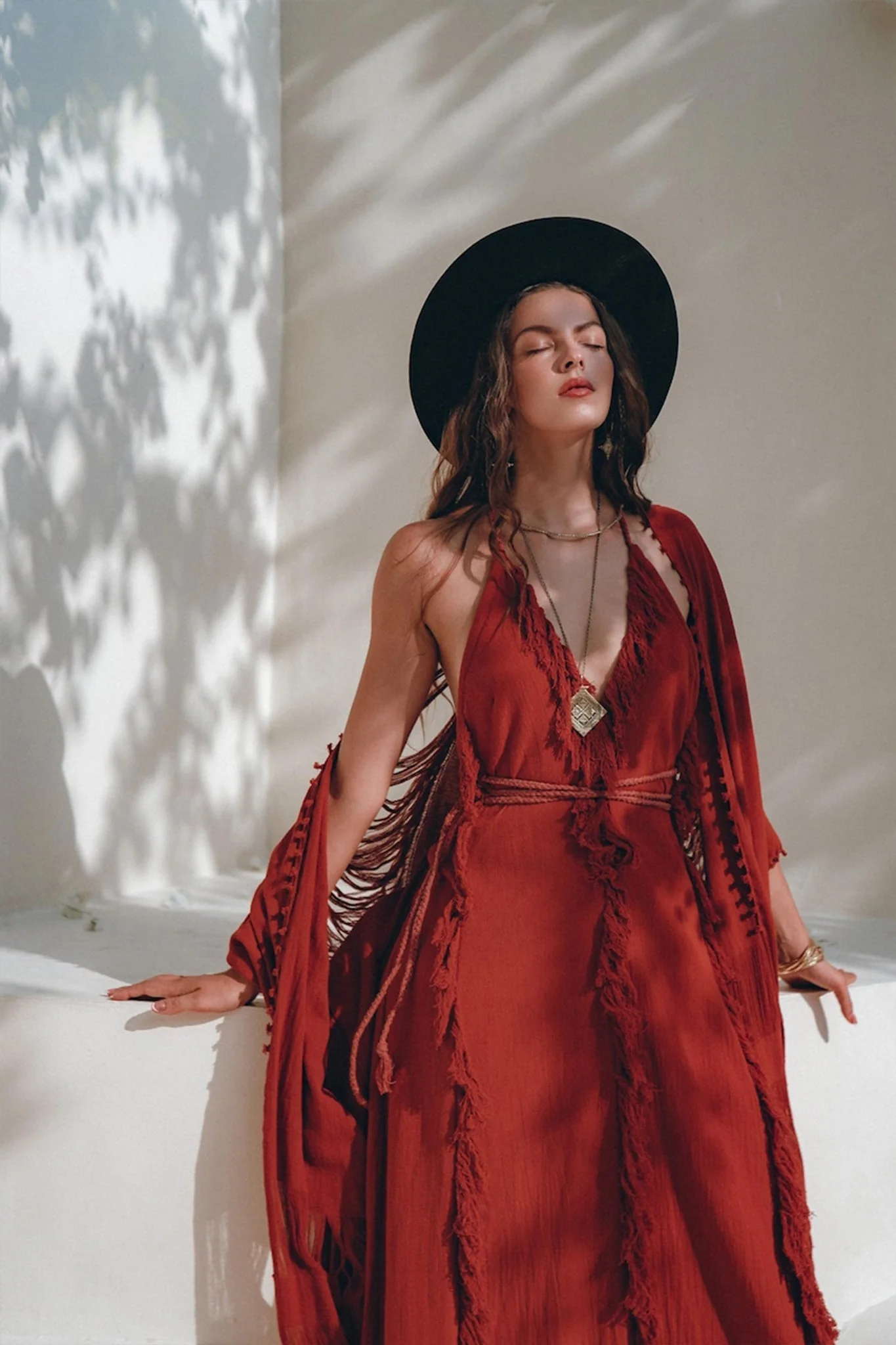 Divine Wine Red Raw Cotton Fringe Goddess Dress• Boho Bridesmaid Dress • Red Organic Goddess Dress - Image 4