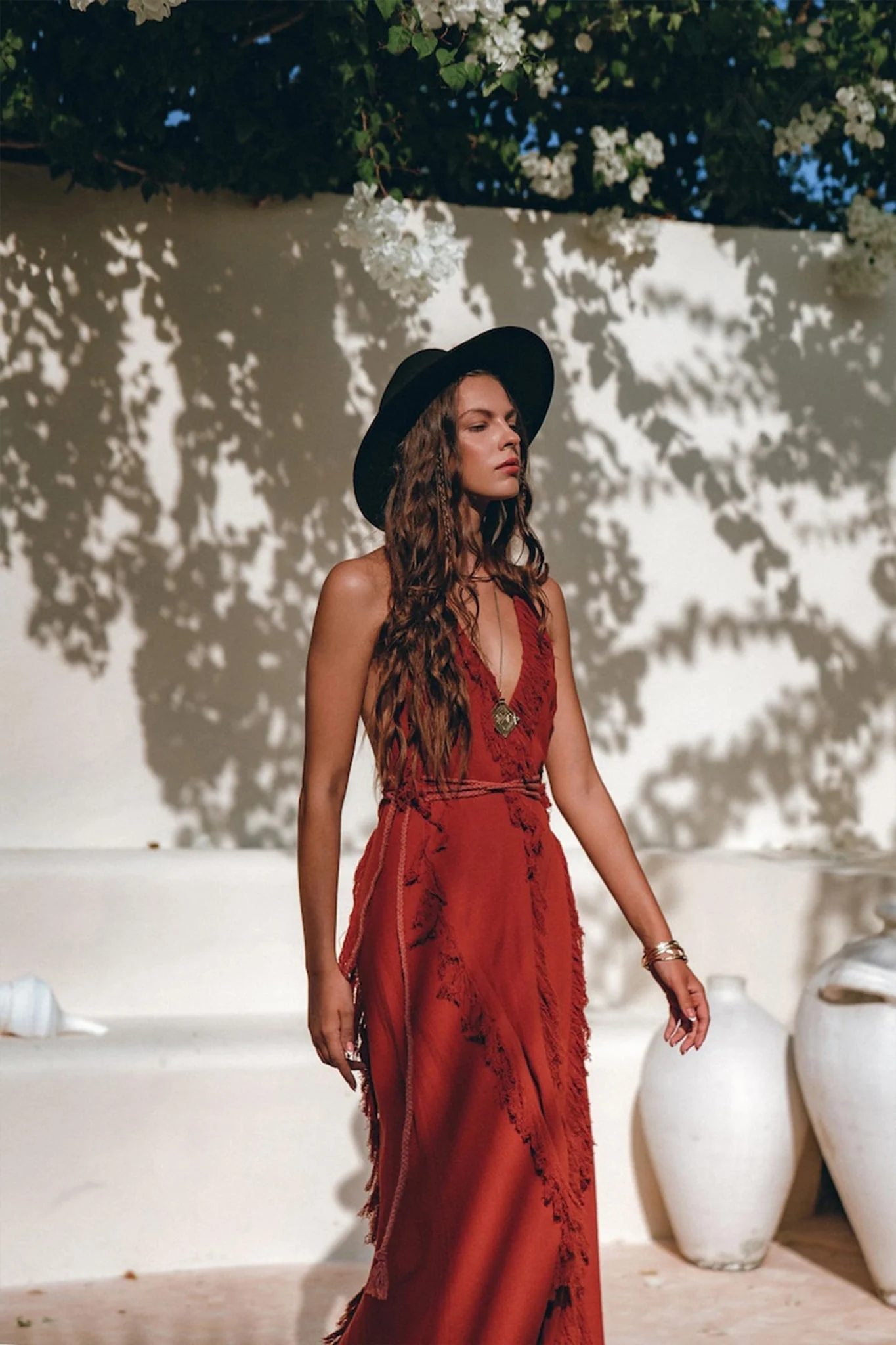 Divine Wine Red Raw Cotton Fringe Goddess Dress• Boho Bridesmaid Dress • Red Organic Goddess Dress - Image 5