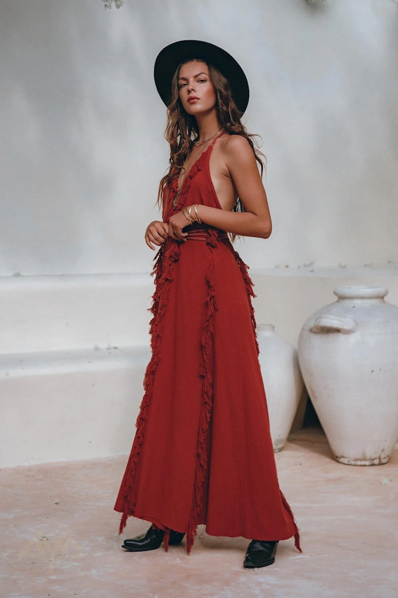 Divine Wine Red Raw Cotton Fringe Goddess Dress• Boho Bridesmaid Dress • Red Organic Goddess Dress - Image 7